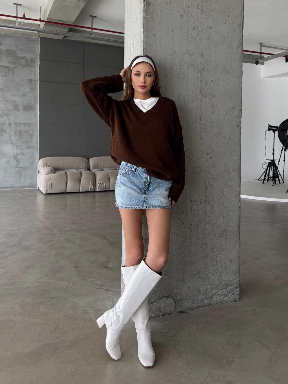 Kovia V Yaka Oversize Kahve Triko Kazak