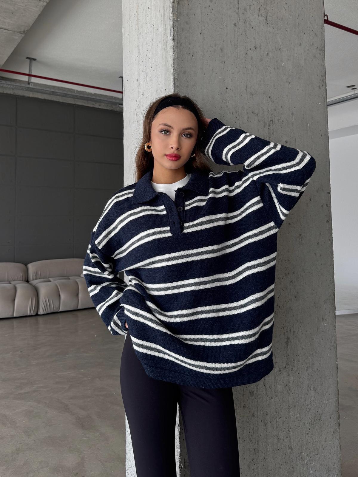Lazora Lacivert Polo Yaka Çizgili Triko Kazak
