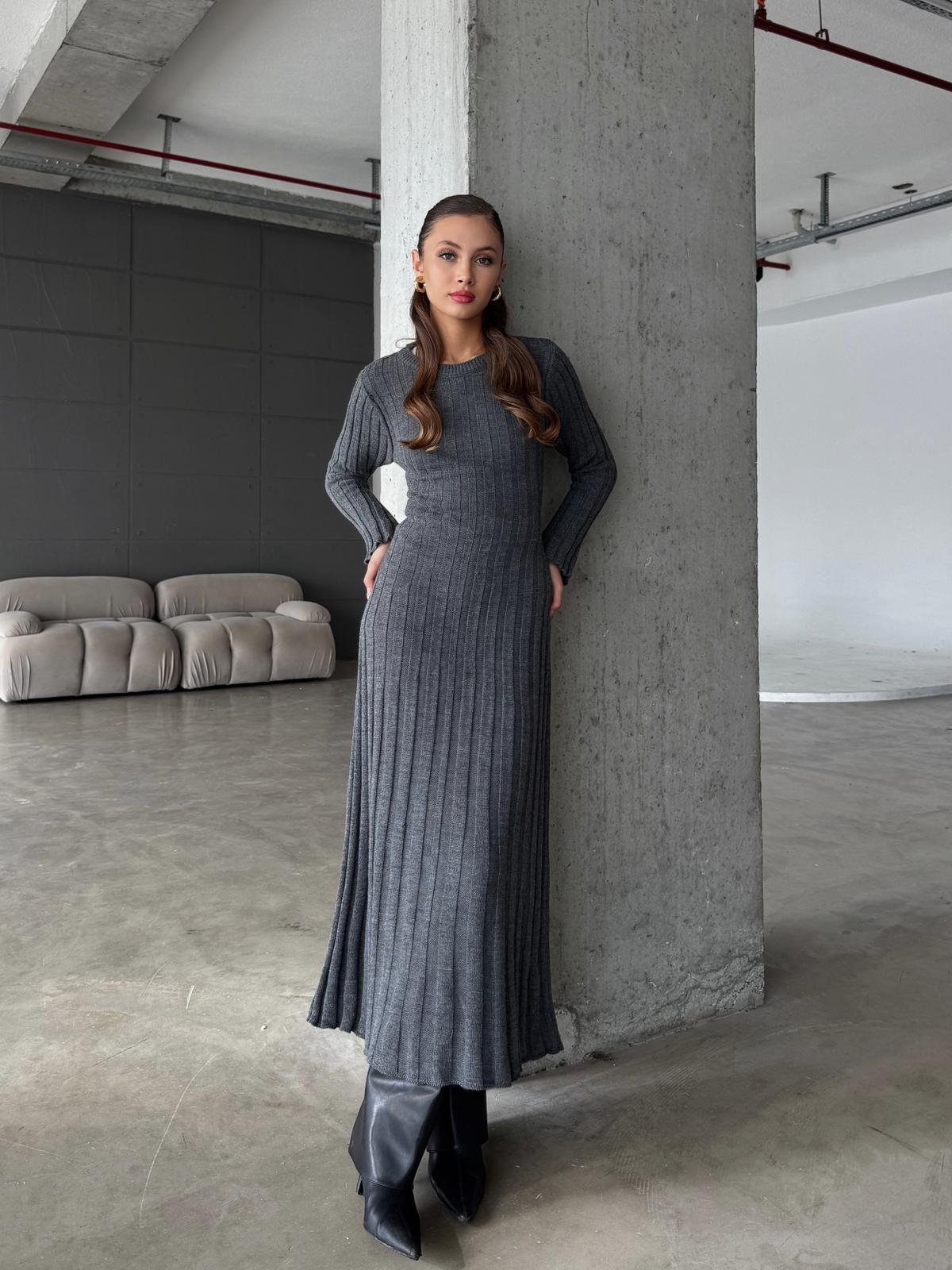 Lazyo Bağlama Detay Antrasit Triko Uzun Elbise