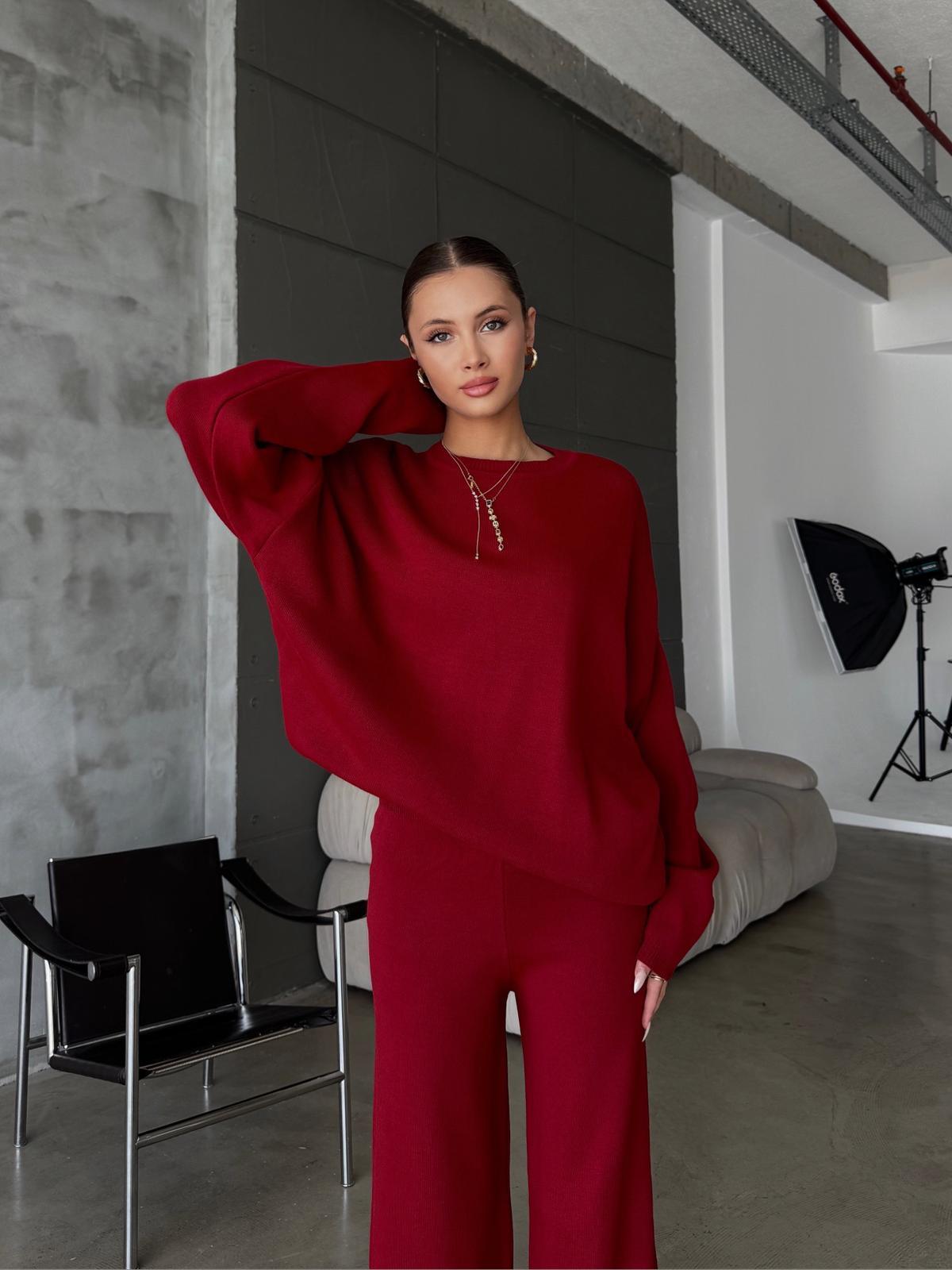 Linear Bordo Triko Pantolon Takım