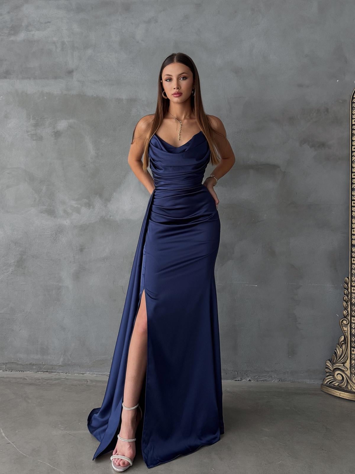 Liora Straplez Drape Detay Lacivert Abiye 