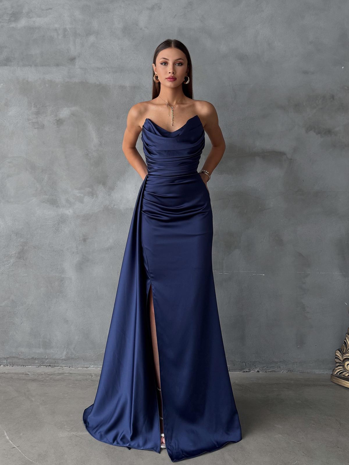 Liora Straplez Drape Detay Lacivert Abiye 