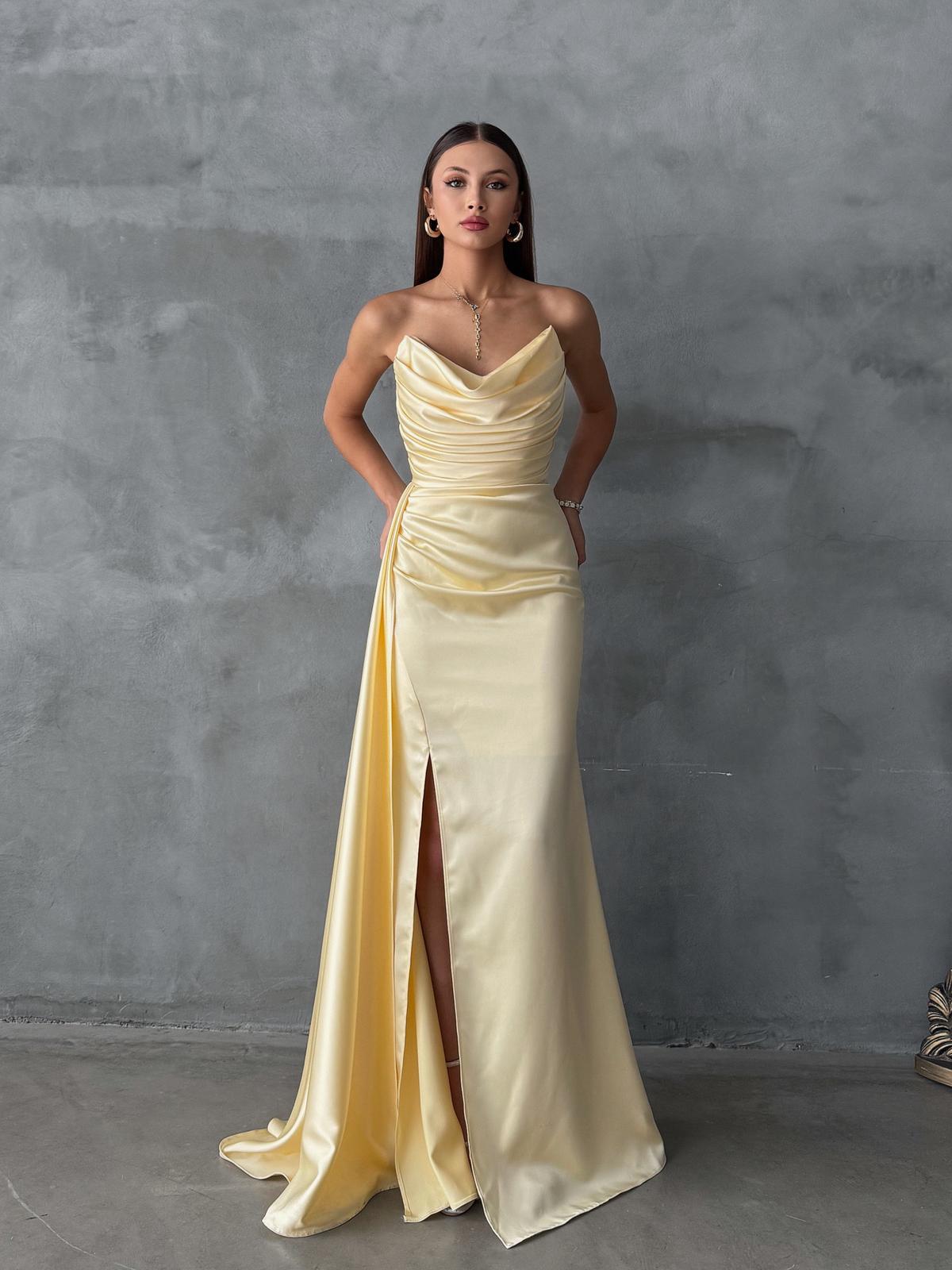Liora Straplez Drape Detay Sarı Abiye 