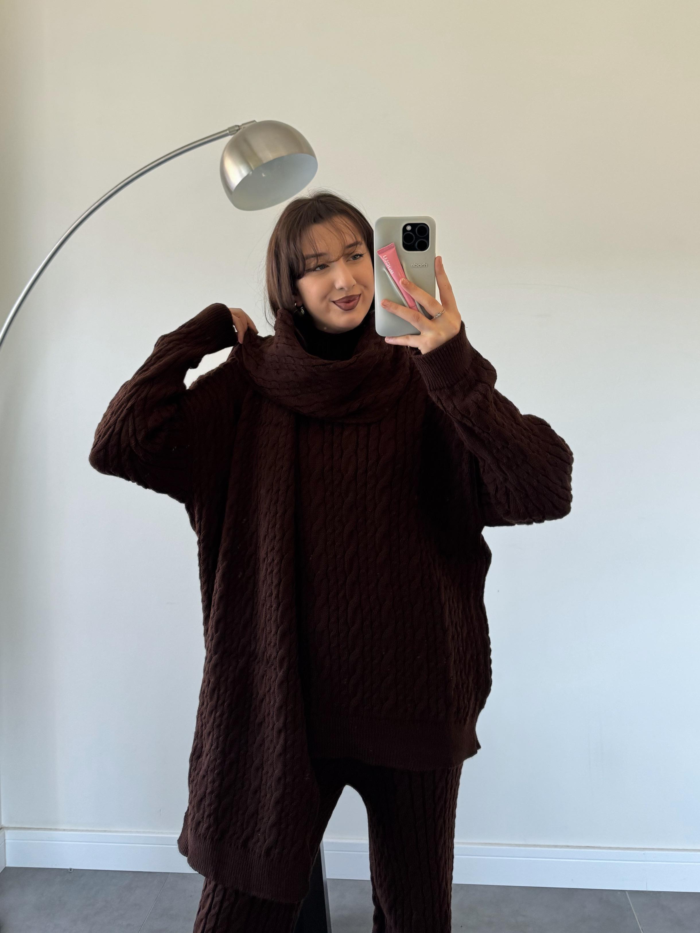 Lipoll Kahve Atkılı Saç Örgü Pantolon Takım