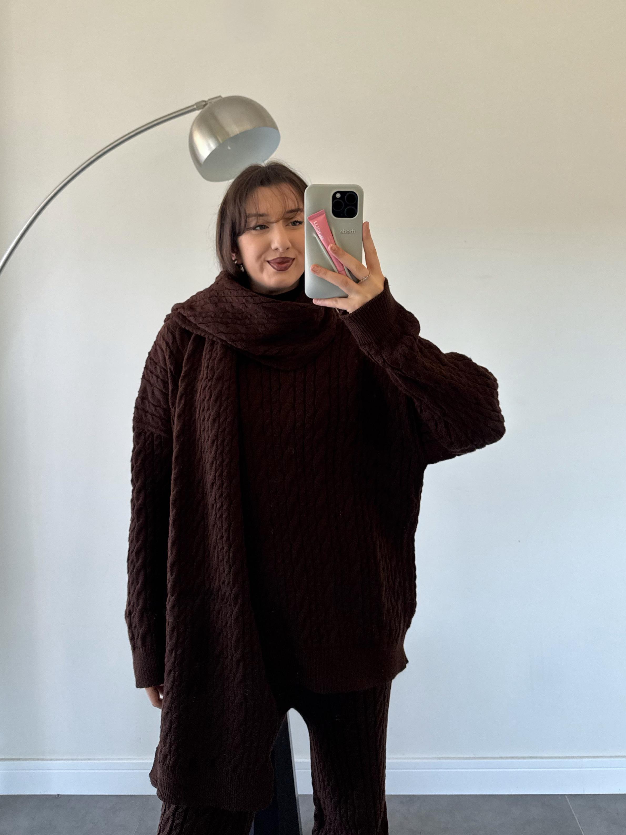 Lipoll Kahve Atkılı Saç Örgü Pantolon Takım