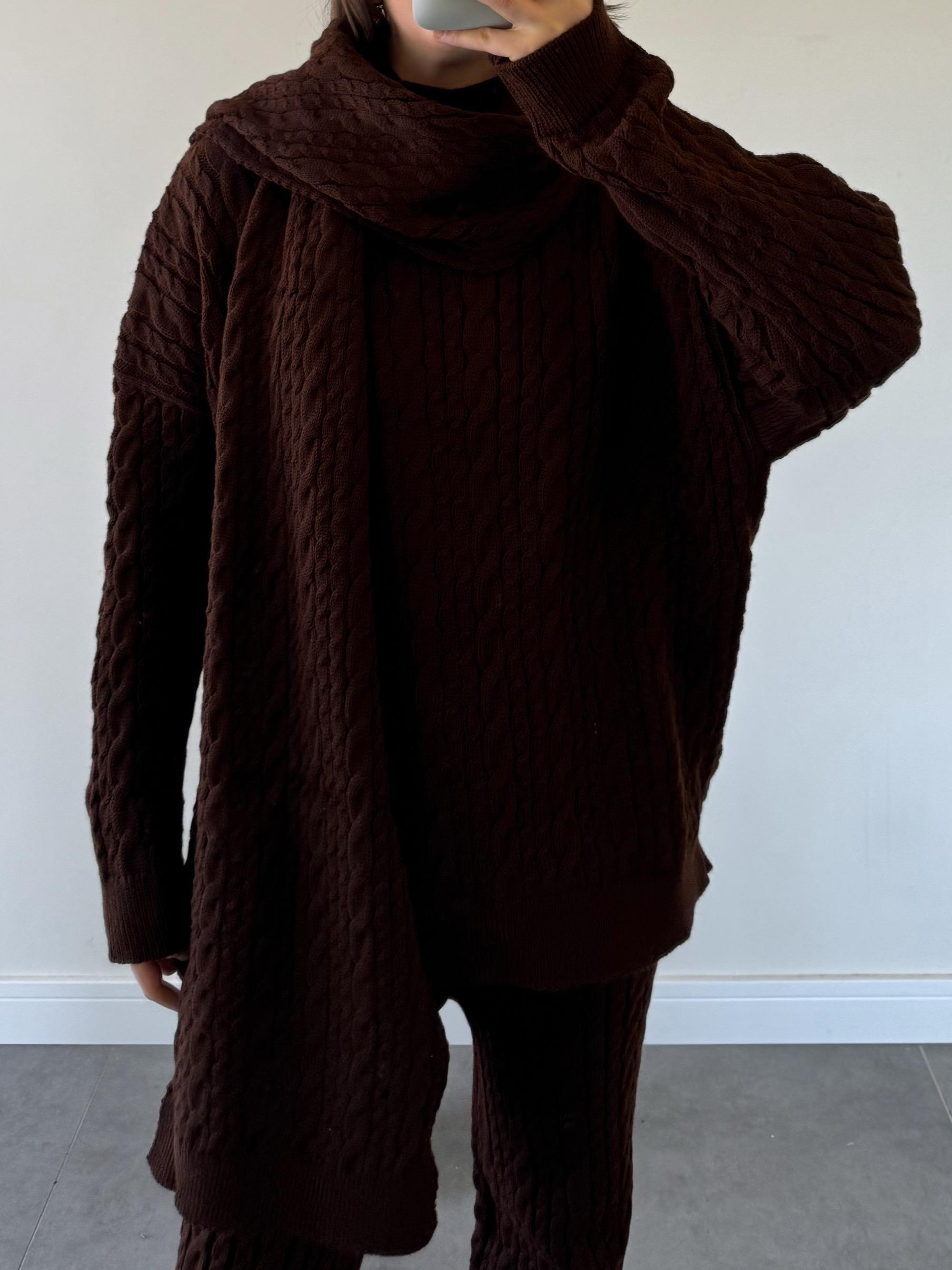 Lipoll Kahve Atkılı Saç Örgü Pantolon Takım