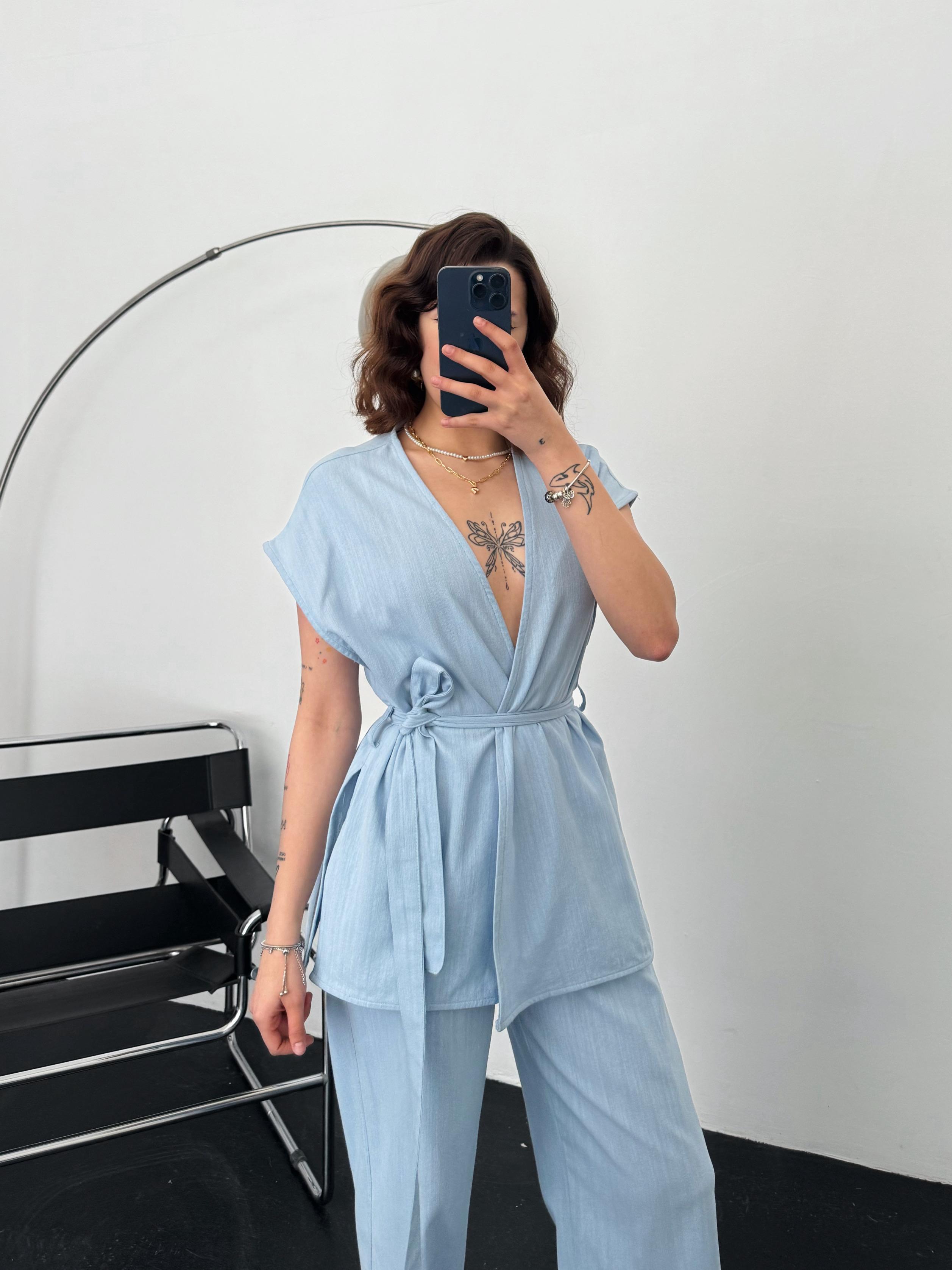 Luke Bağlama Detay Keten Yelekli Bebe Mavi Takım