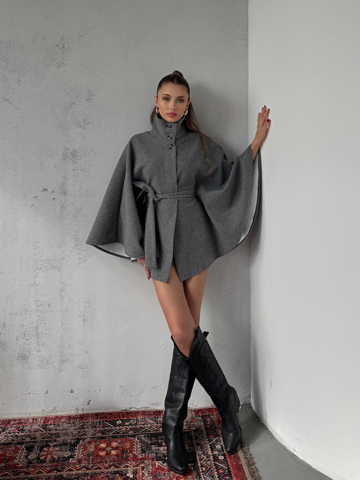 Mavren Kuşaklı Gri Kaşe Panço