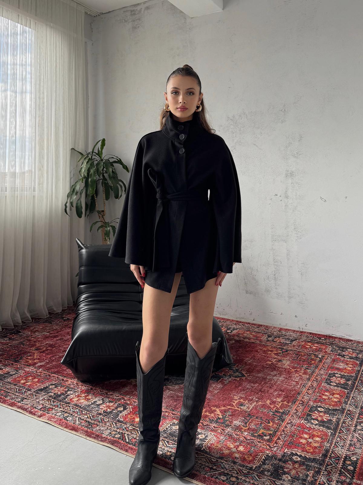 Mavren Kuşaklı Siyah Kaşe Panço