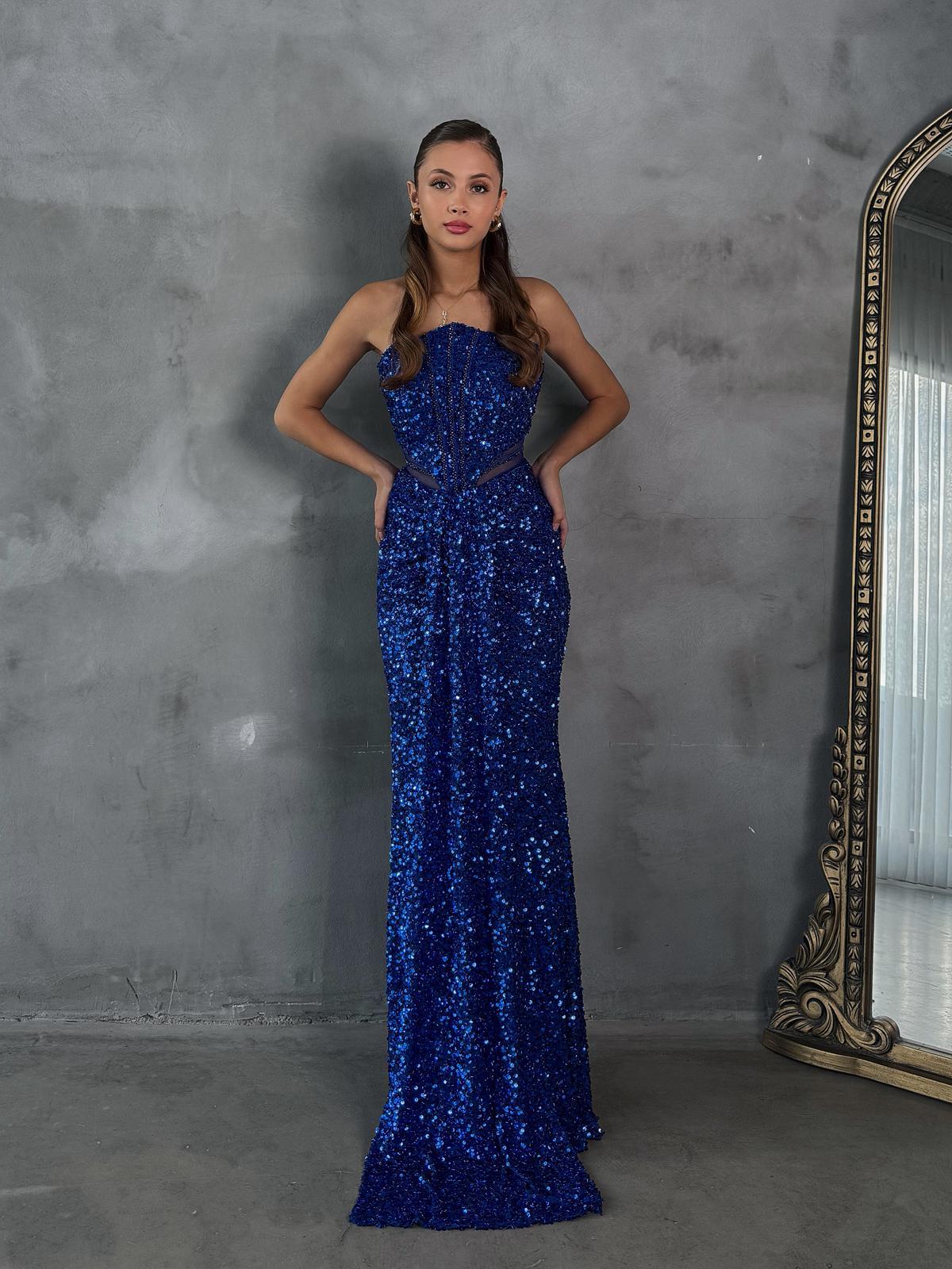 Mirana Straplez Pul Detay Yırtmaçlı Transparan Saks Mavi Abiye 