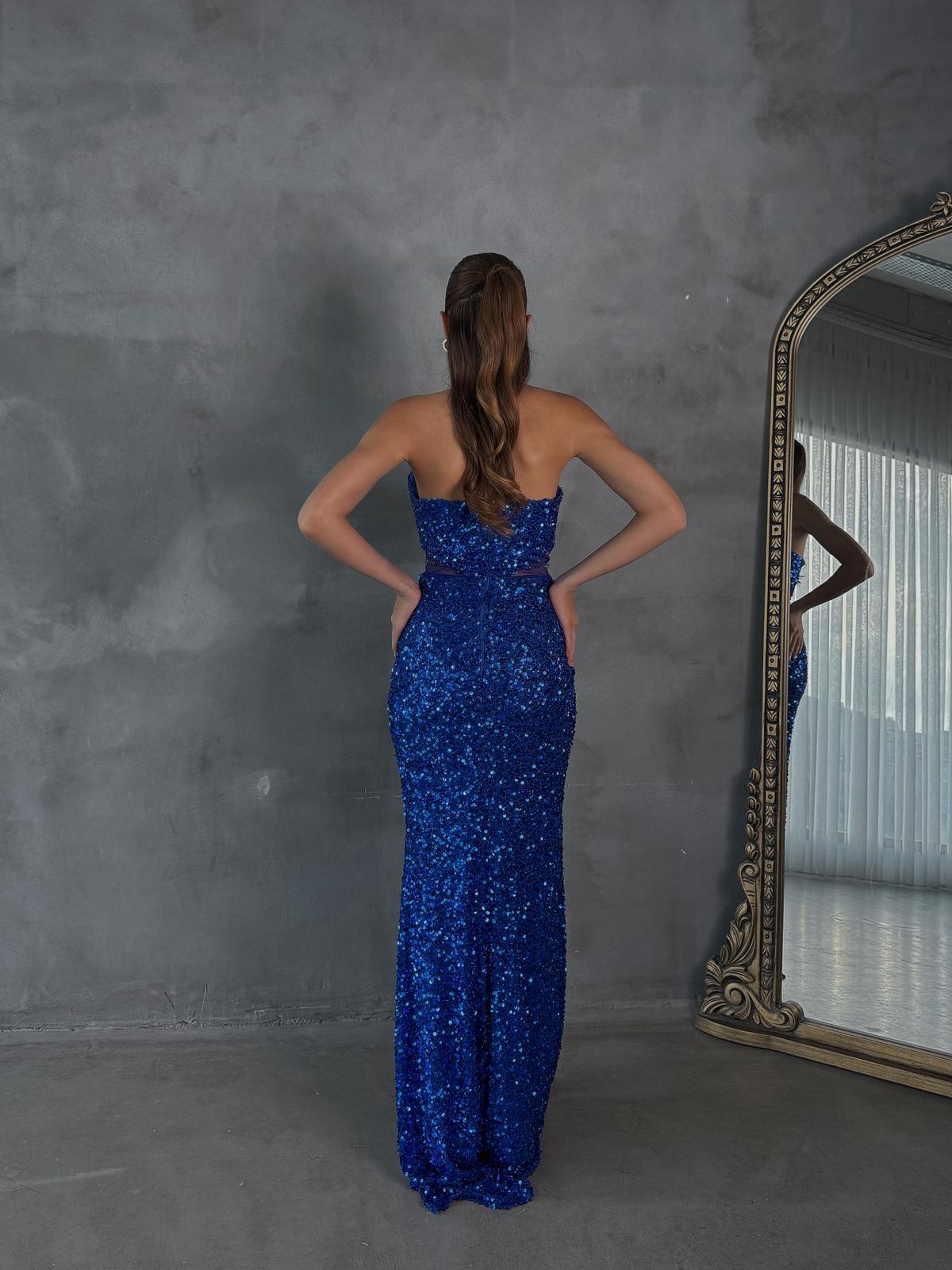 Mirana Straplez Pul Detay Yırtmaçlı Transparan Saks Mavi Abiye 