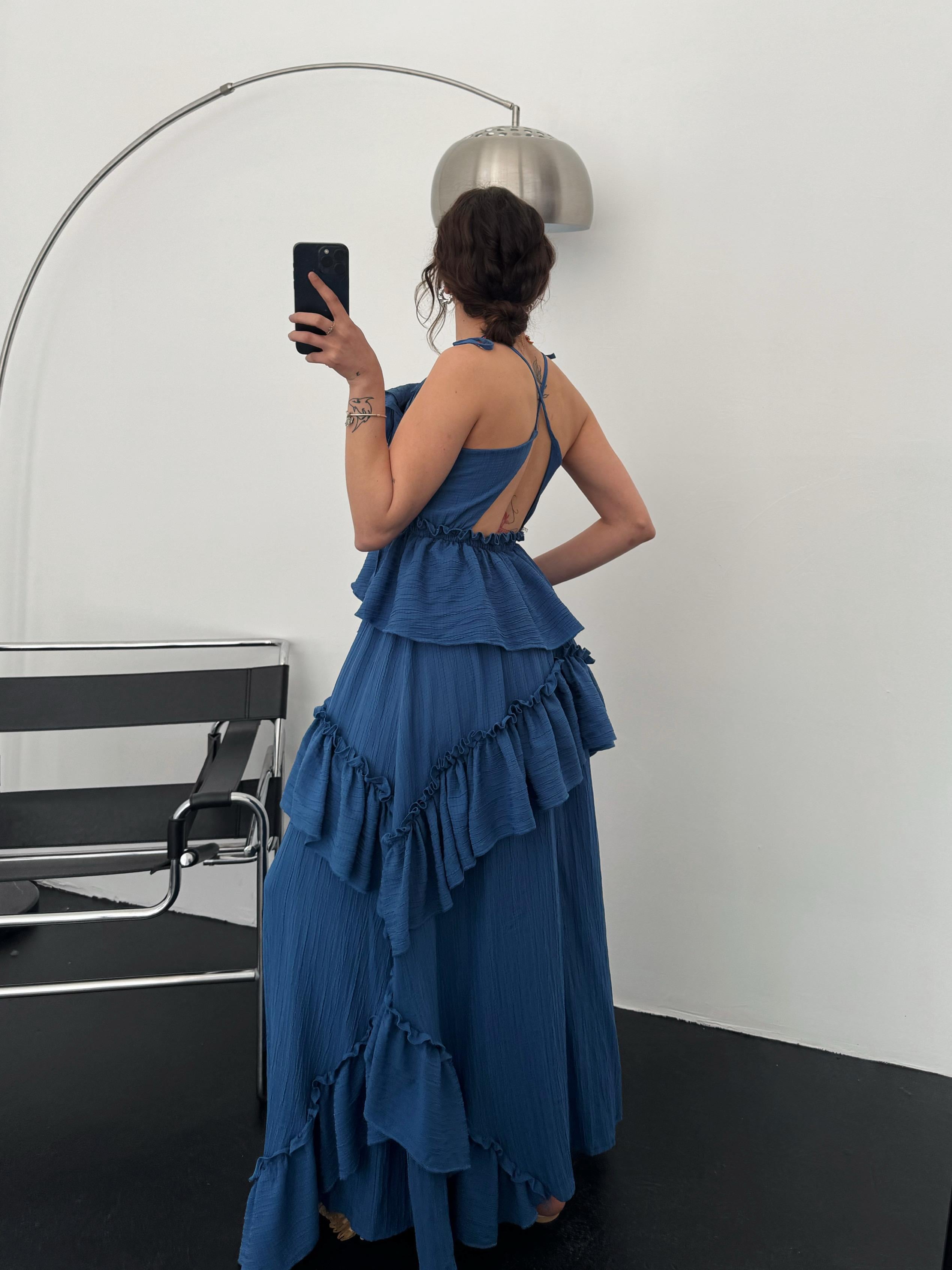 Moana Boyundan Bağlamalı Kat Etekli İndigo Elbise