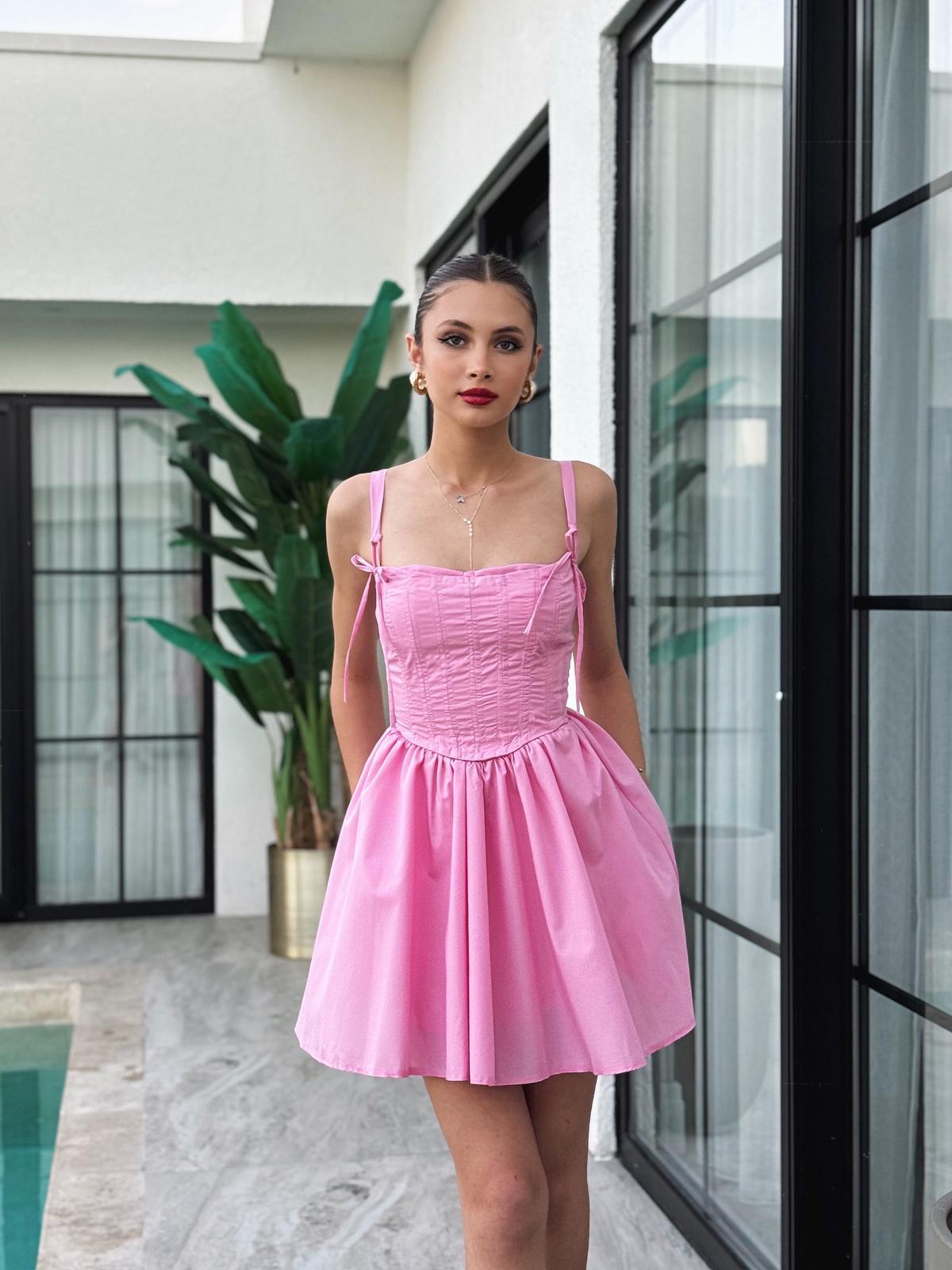 Narela Korse Detay Omuz Bağlamalı Pembe Kısa Elbise