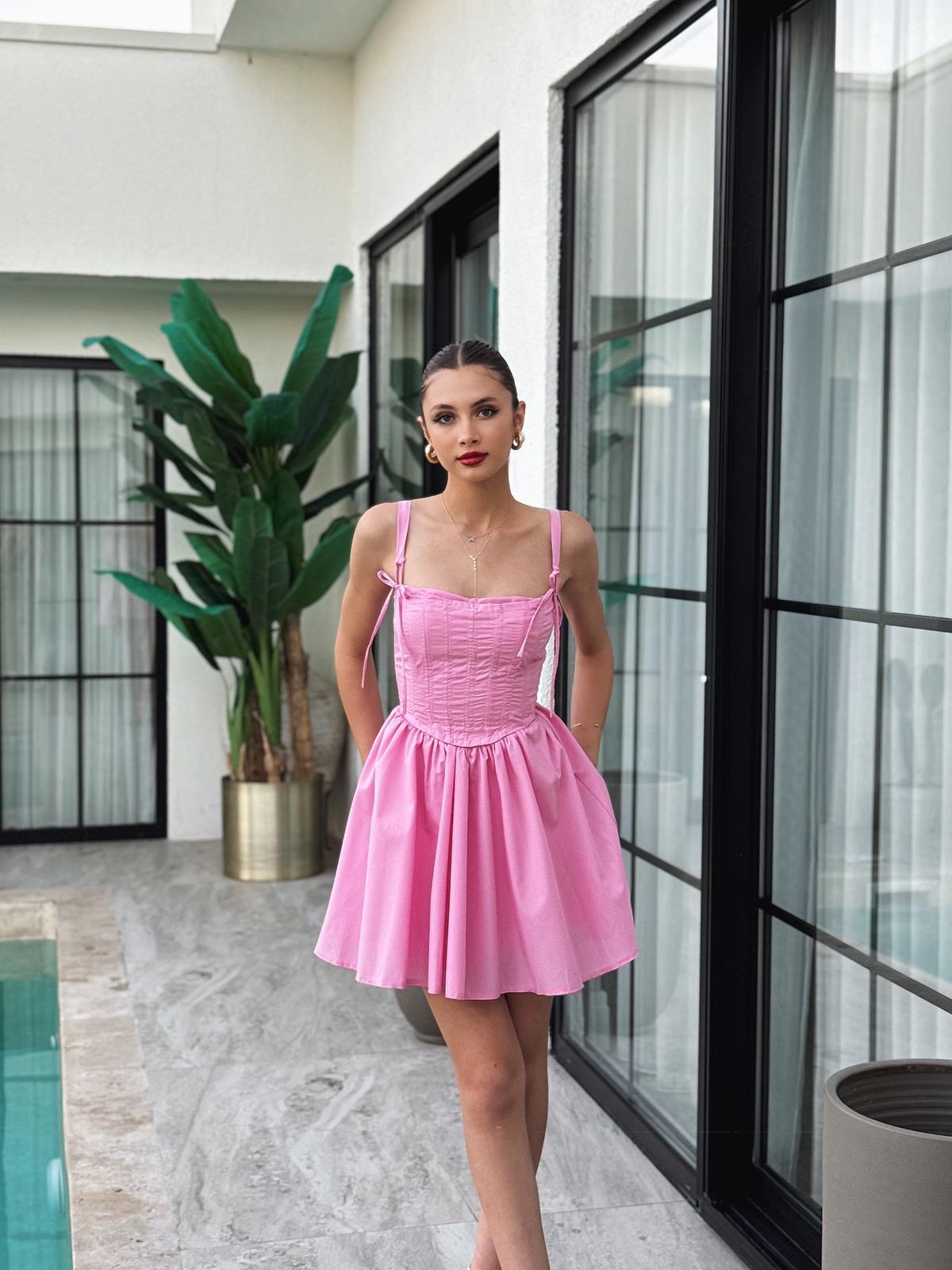 Narela Korse Detay Omuz Bağlamalı Pembe Kısa Elbise