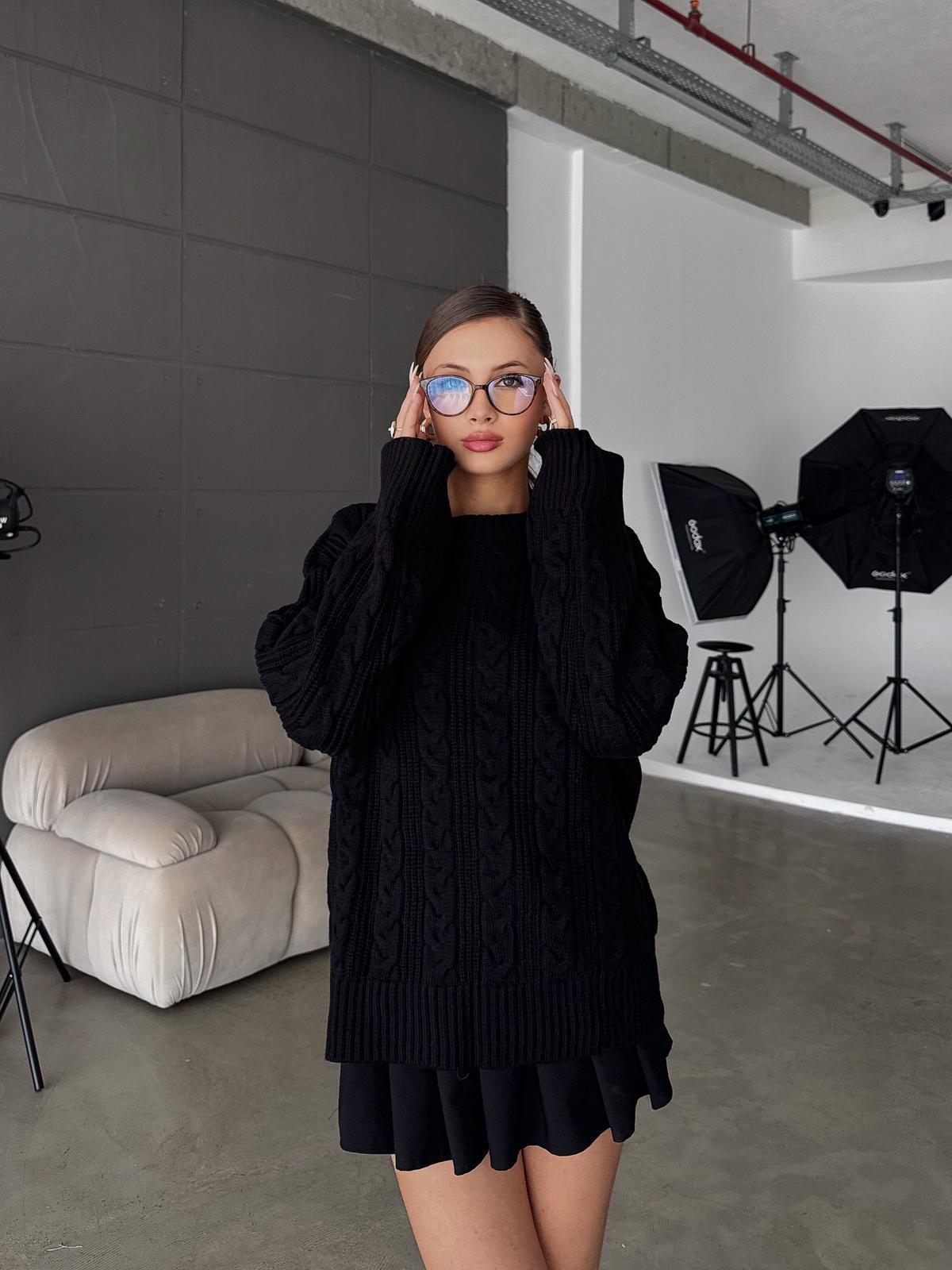 Nordic Bisiklet Yaka Örgü Detay Siyah Oversize Kazak