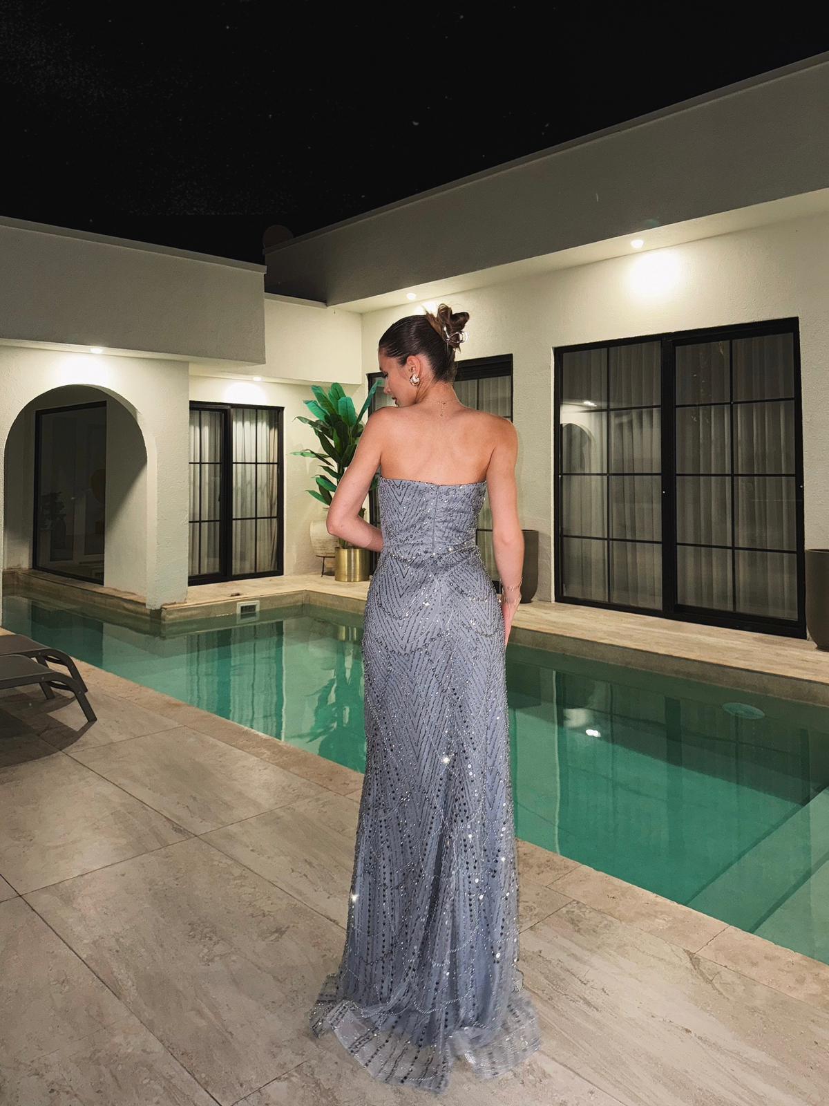 Opulent Straplez Pul Detay Gri Abiye 