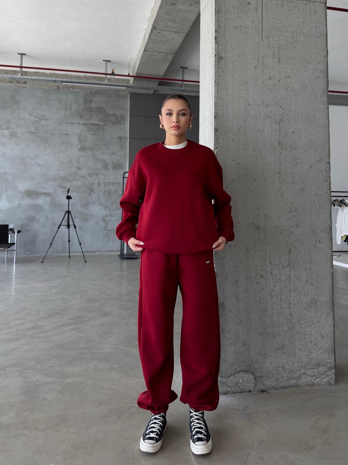 OW Bisiklet Yaka Oversize Bordo Eşofman Takımı