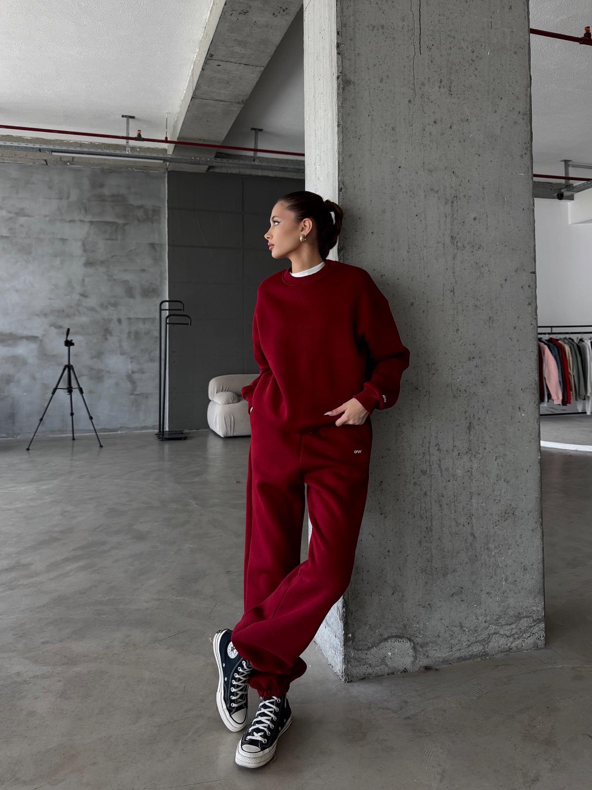 OW Bisiklet Yaka Oversize Bordo Eşofman Takımı