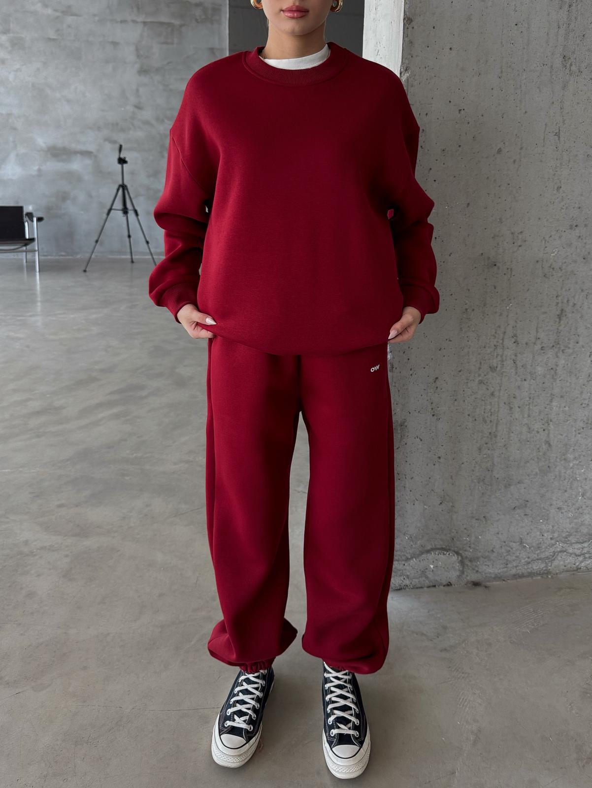 OW Bisiklet Yaka Oversize Bordo Eşofman Takımı