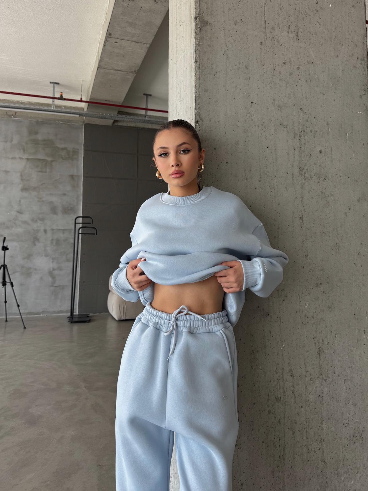 OW Bisiklet Yaka Oversize Buz Mavi Eşofman Takımı