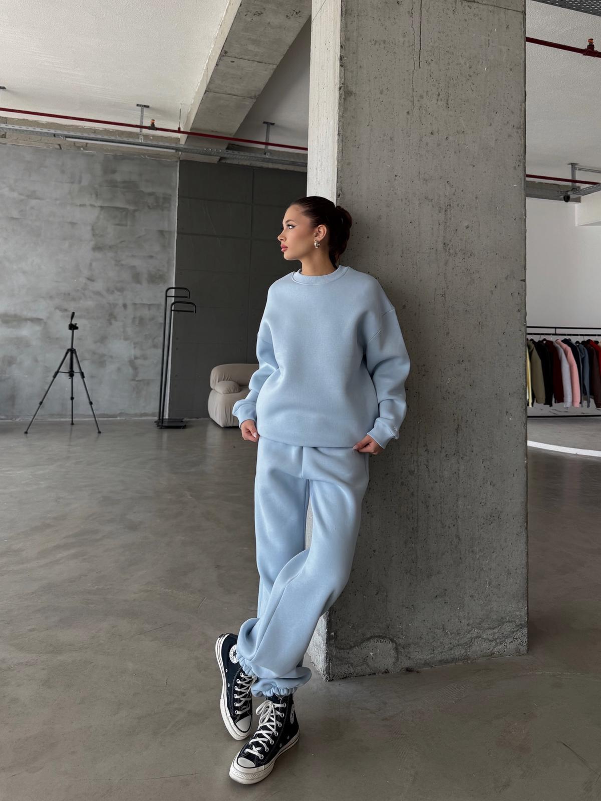 OW Bisiklet Yaka Oversize Buz Mavi Eşofman Takımı