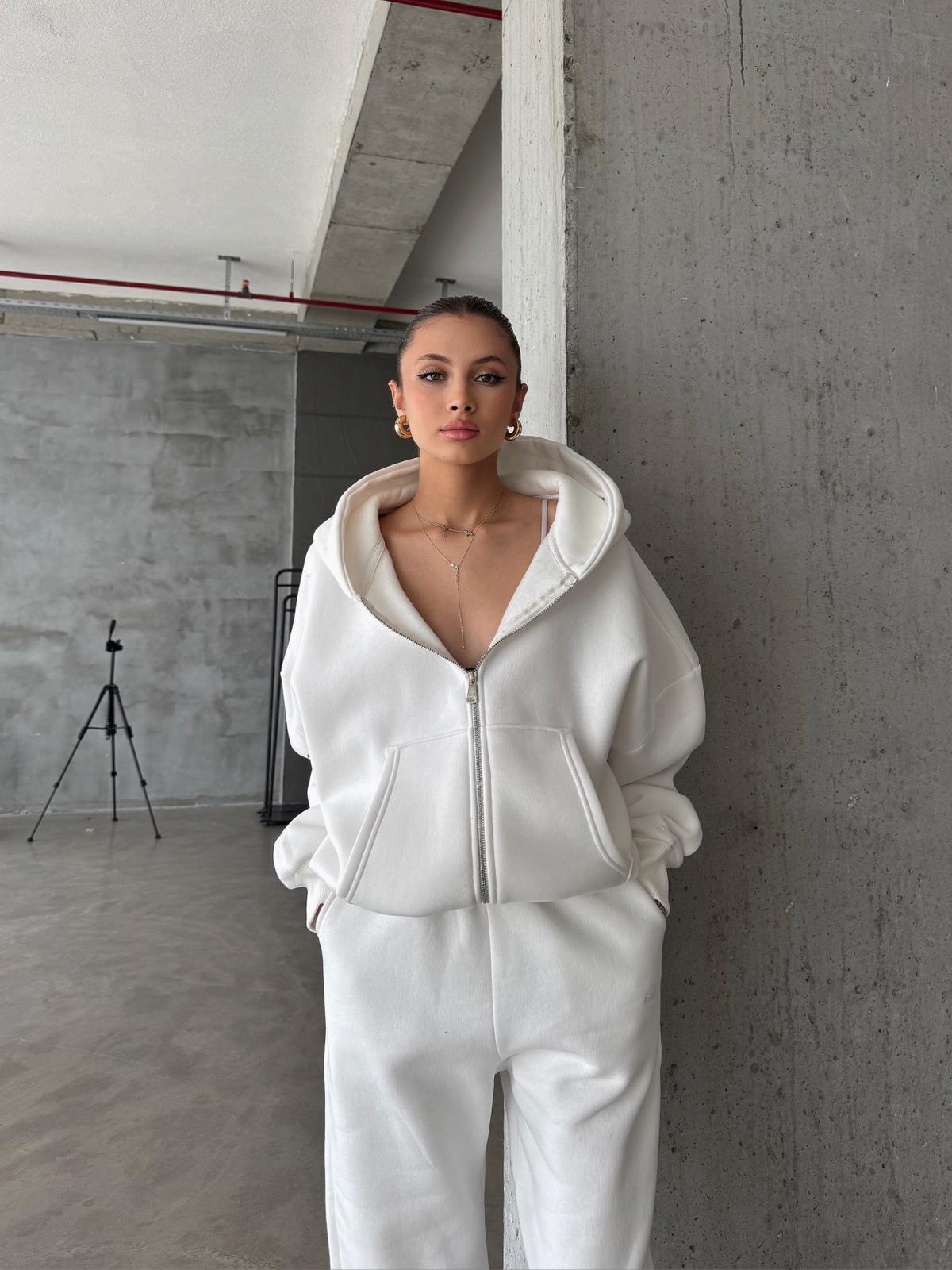 OW Fermuarlı Oversize Beyaz Eşofman Takımı