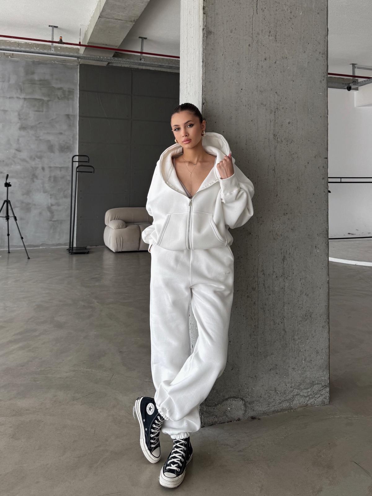 OW Fermuarlı Oversize Beyaz Eşofman Takımı