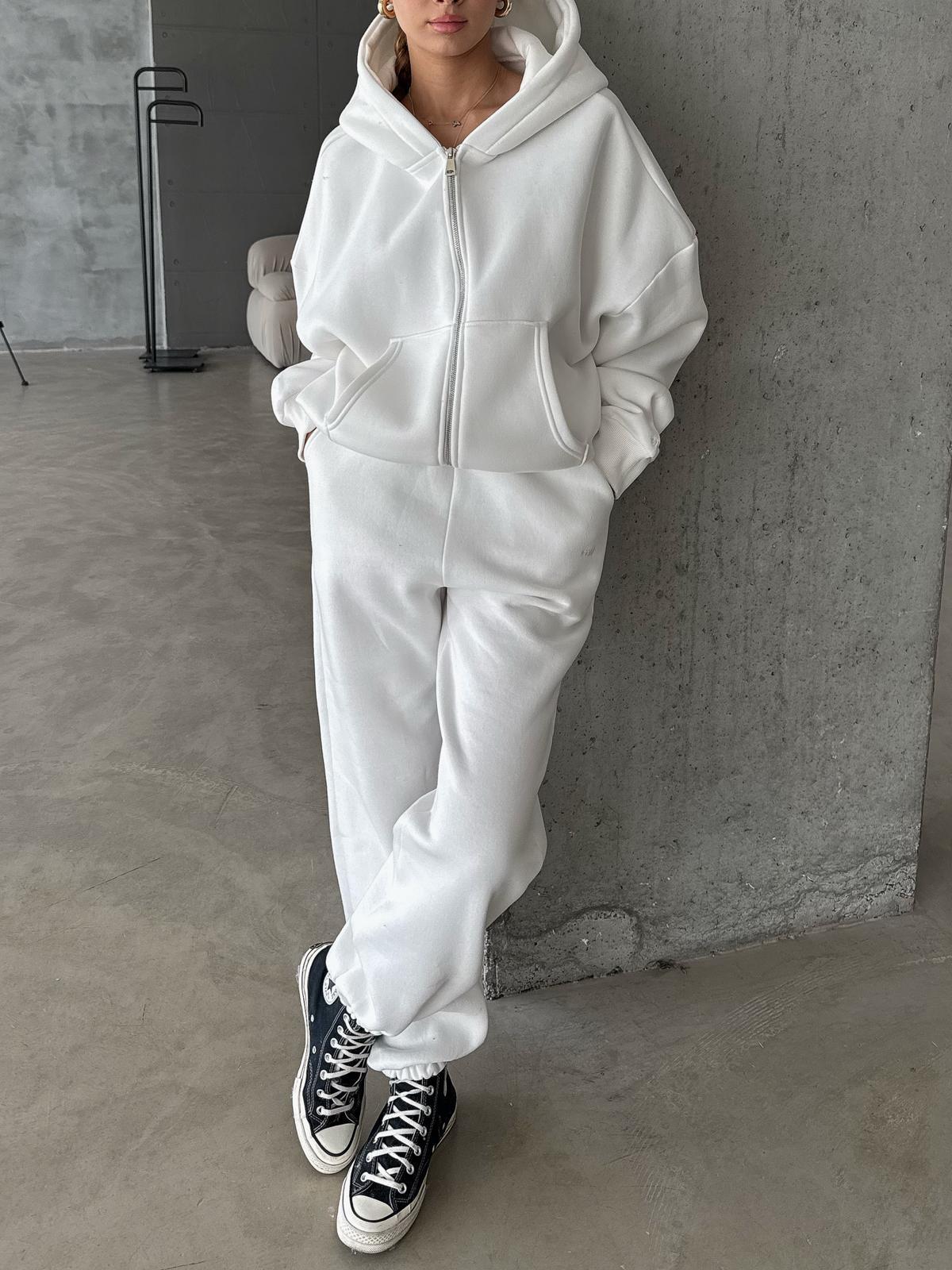 OW Fermuarlı Oversize Beyaz Eşofman Takımı
