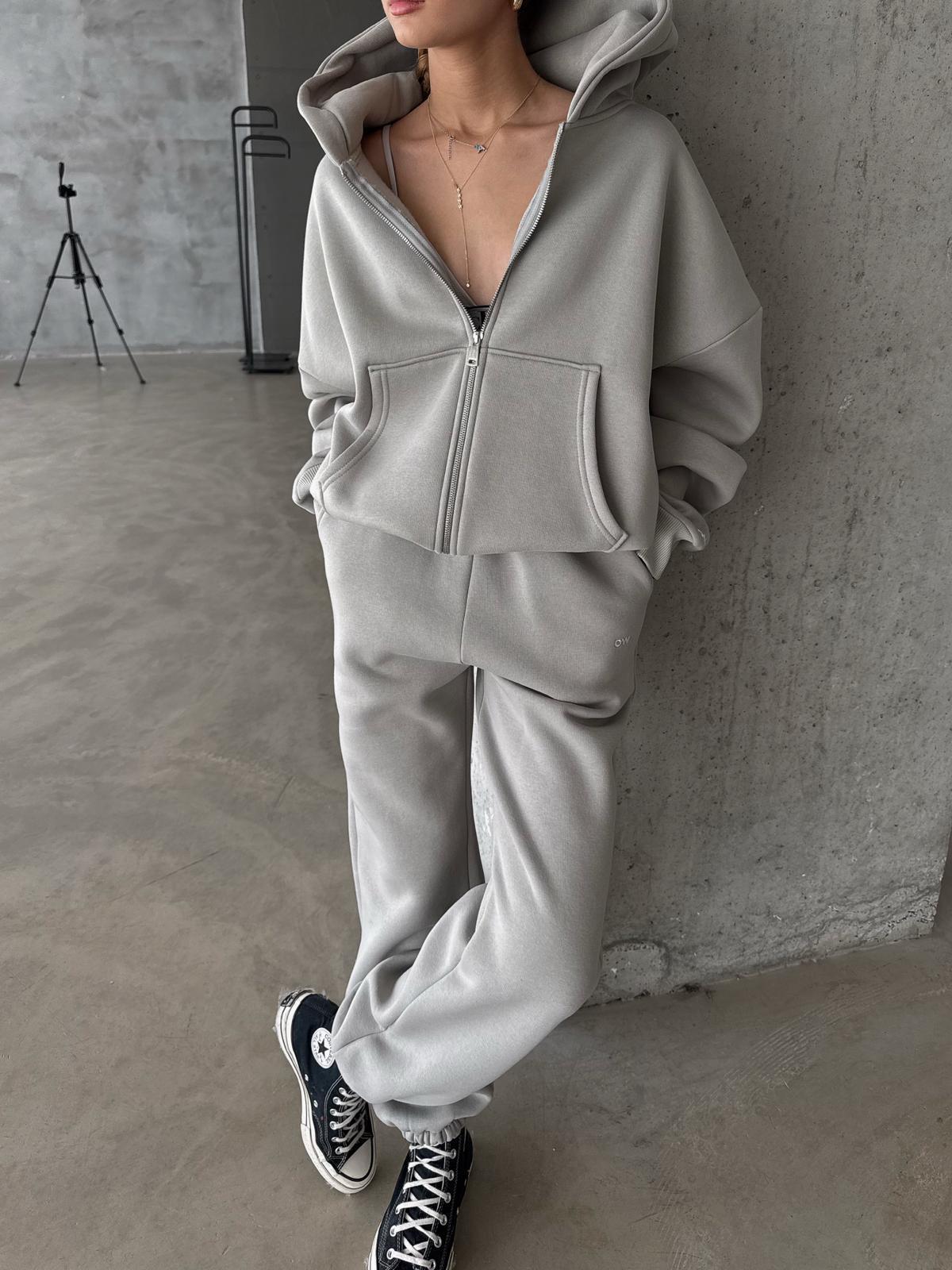 OW Fermuarlı Oversize Gri Eşofman Takımı