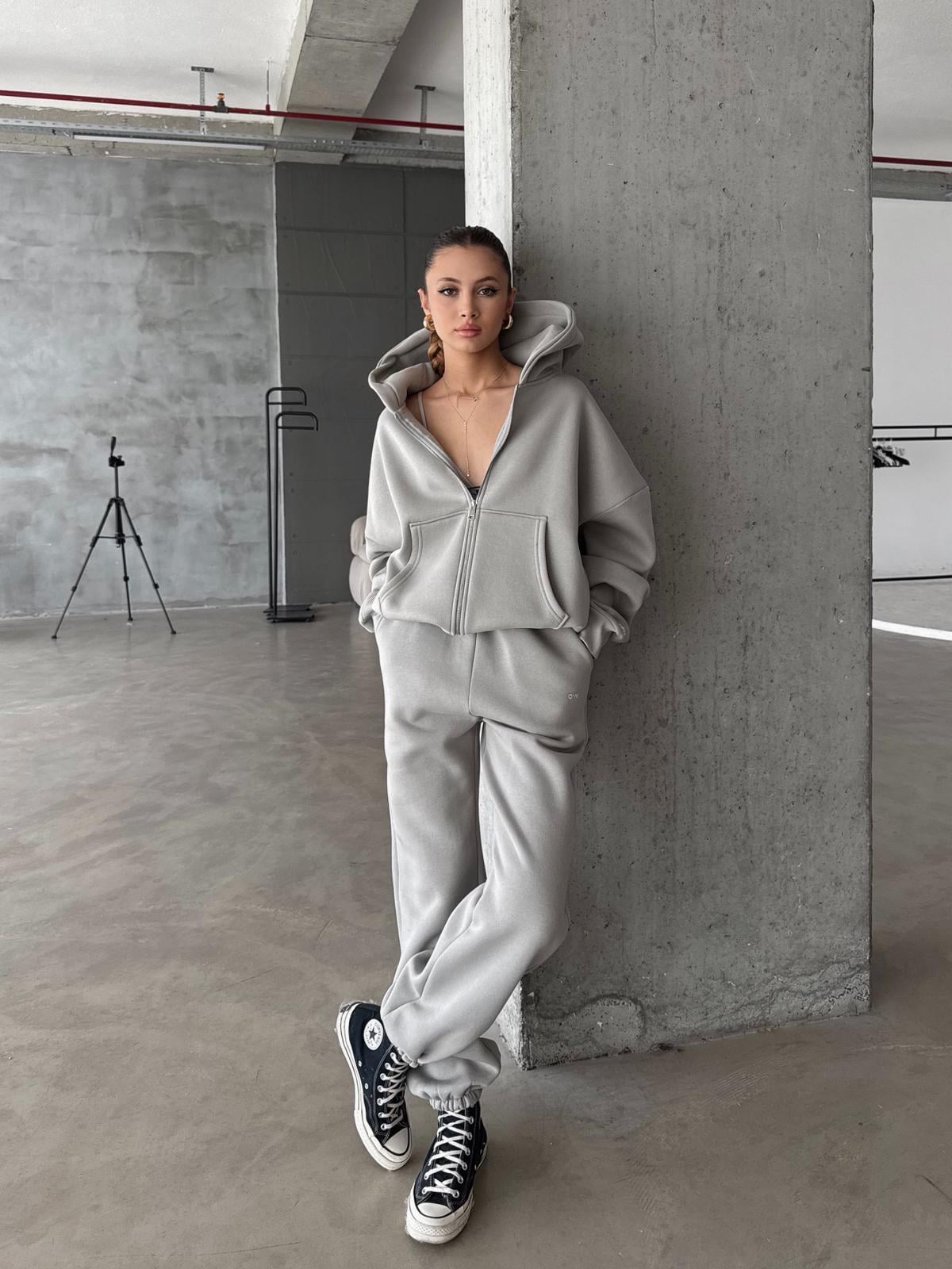 OW Fermuarlı Oversize Gri Eşofman Takımı