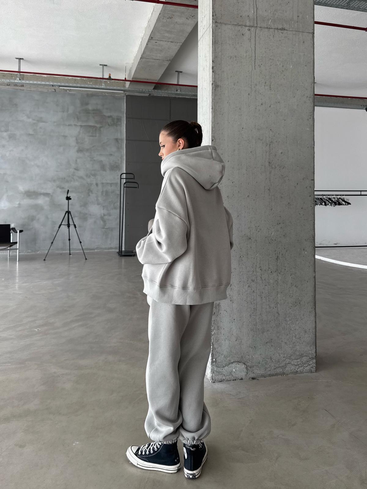 OW Fermuarlı Oversize Gri Eşofman Takımı