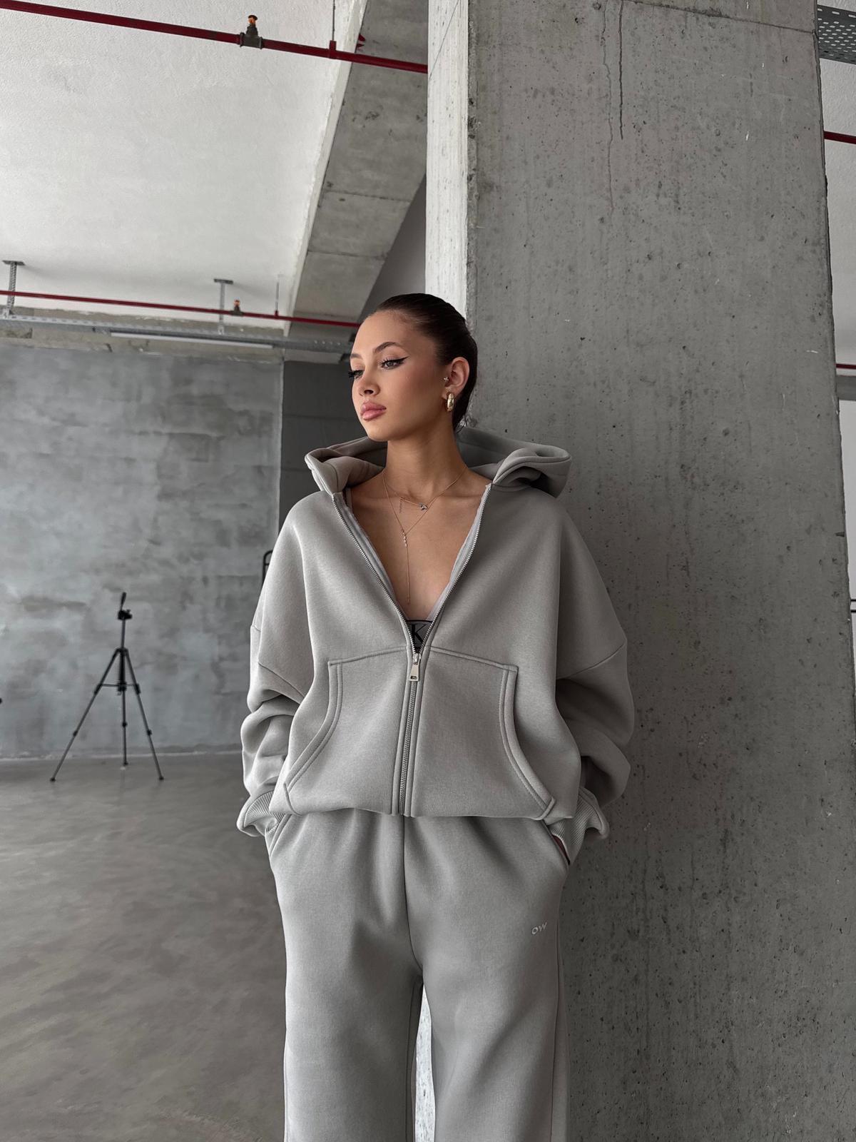 OW Fermuarlı Oversize Gri Eşofman Takımı