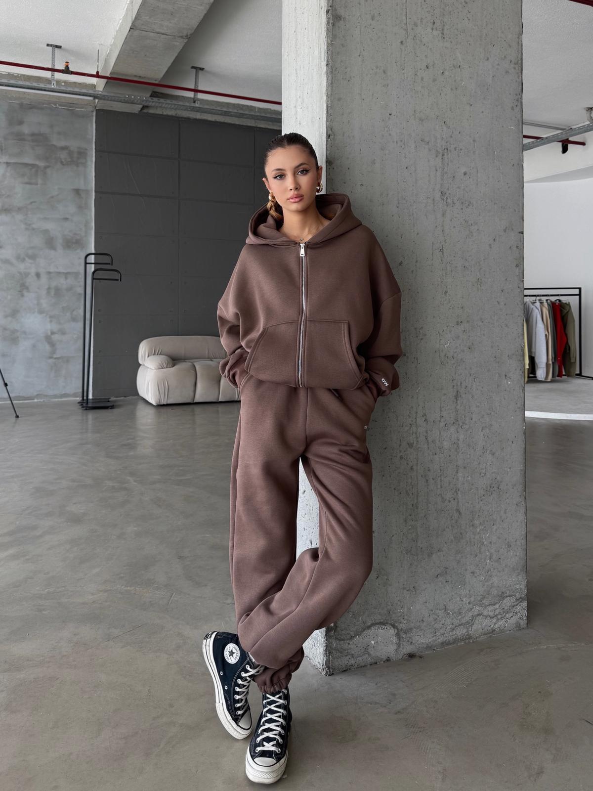 OW Fermuarlı Oversize Kahve Eşofman Takımı