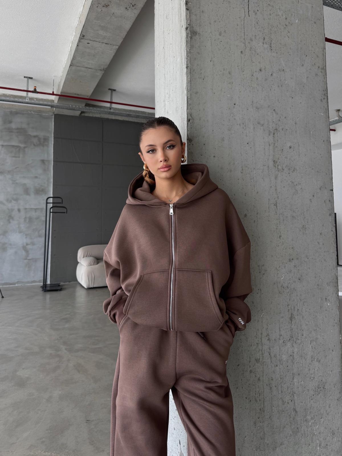 OW Fermuarlı Oversize Kahve Eşofman Takımı