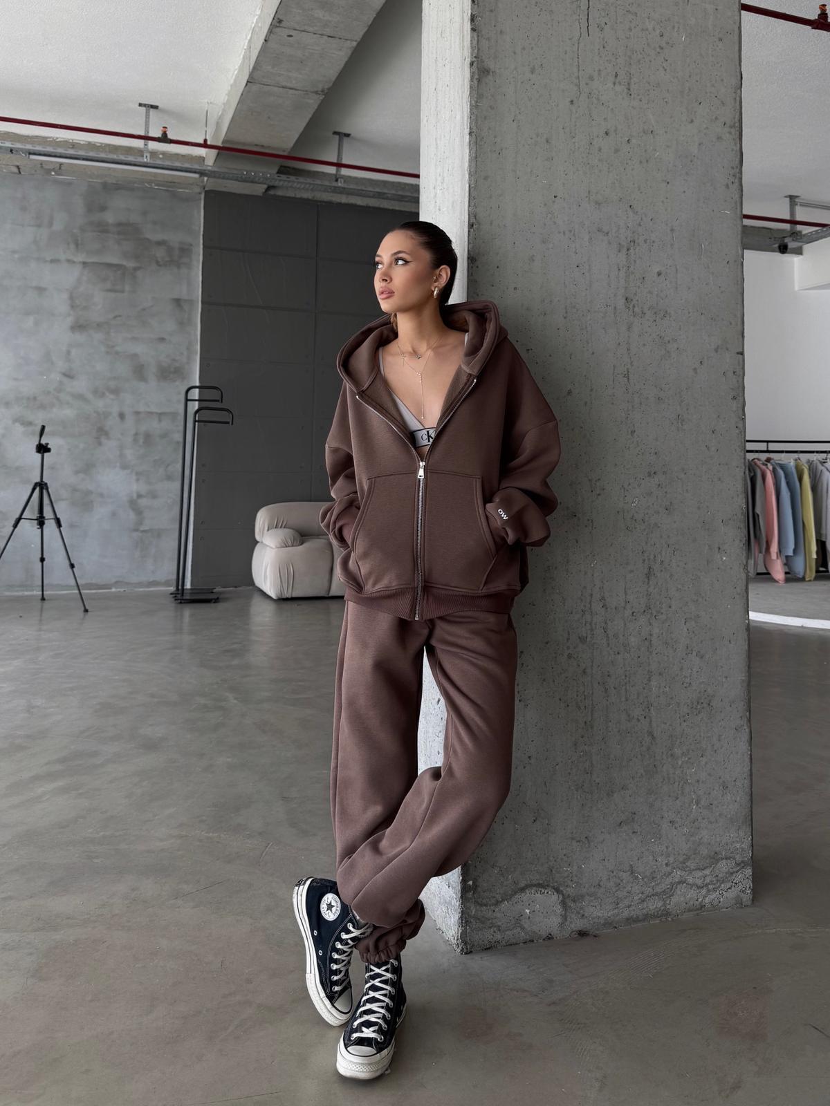 OW Fermuarlı Oversize Kahve Eşofman Takımı