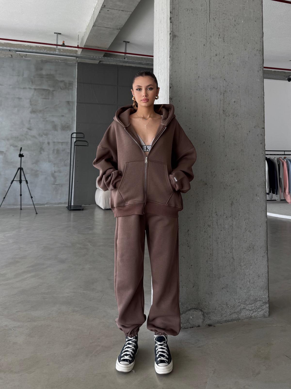 OW Fermuarlı Oversize Kahve Eşofman Takımı