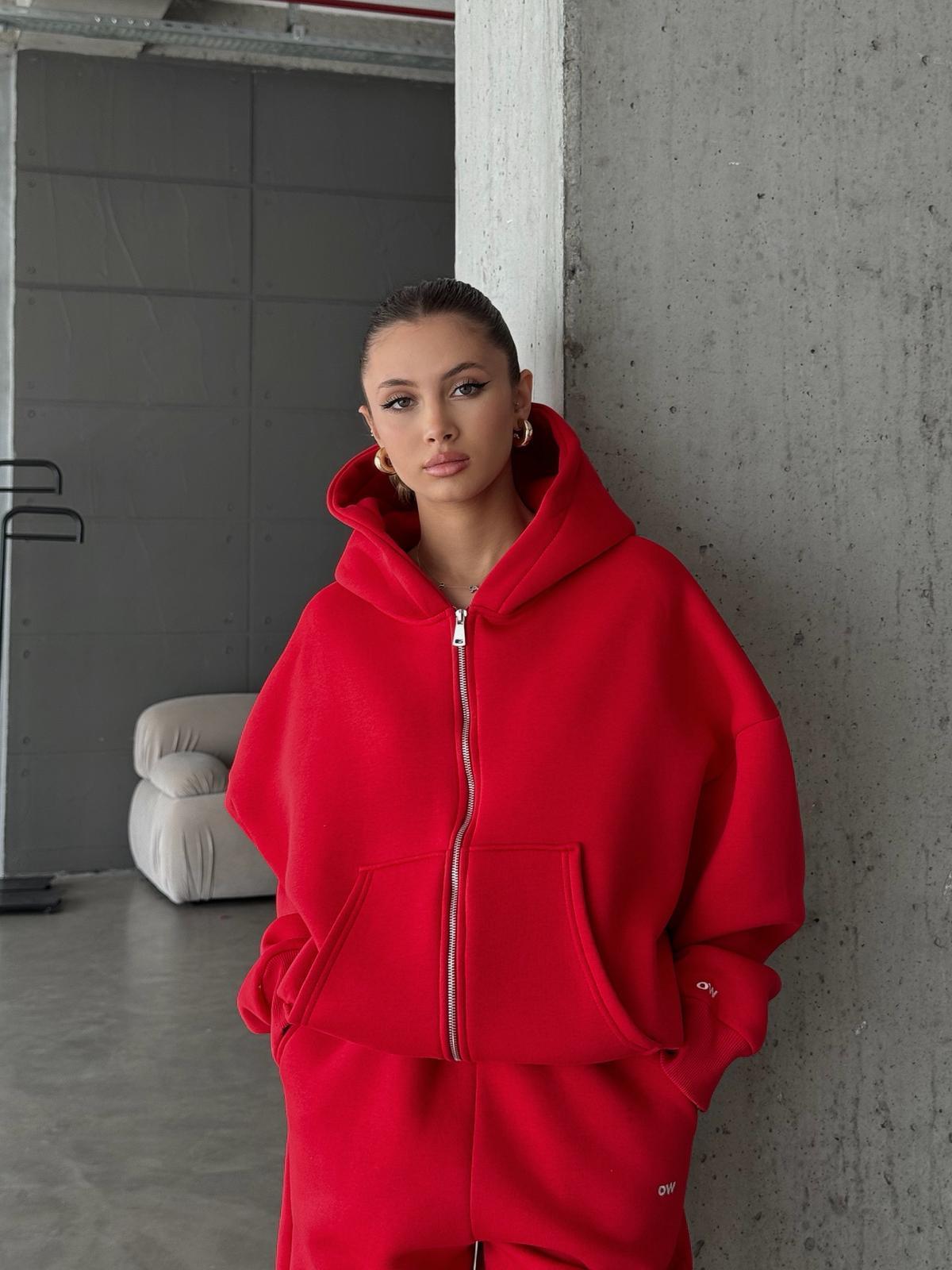 OW Fermuarlı Oversize Kırmızı Hırka