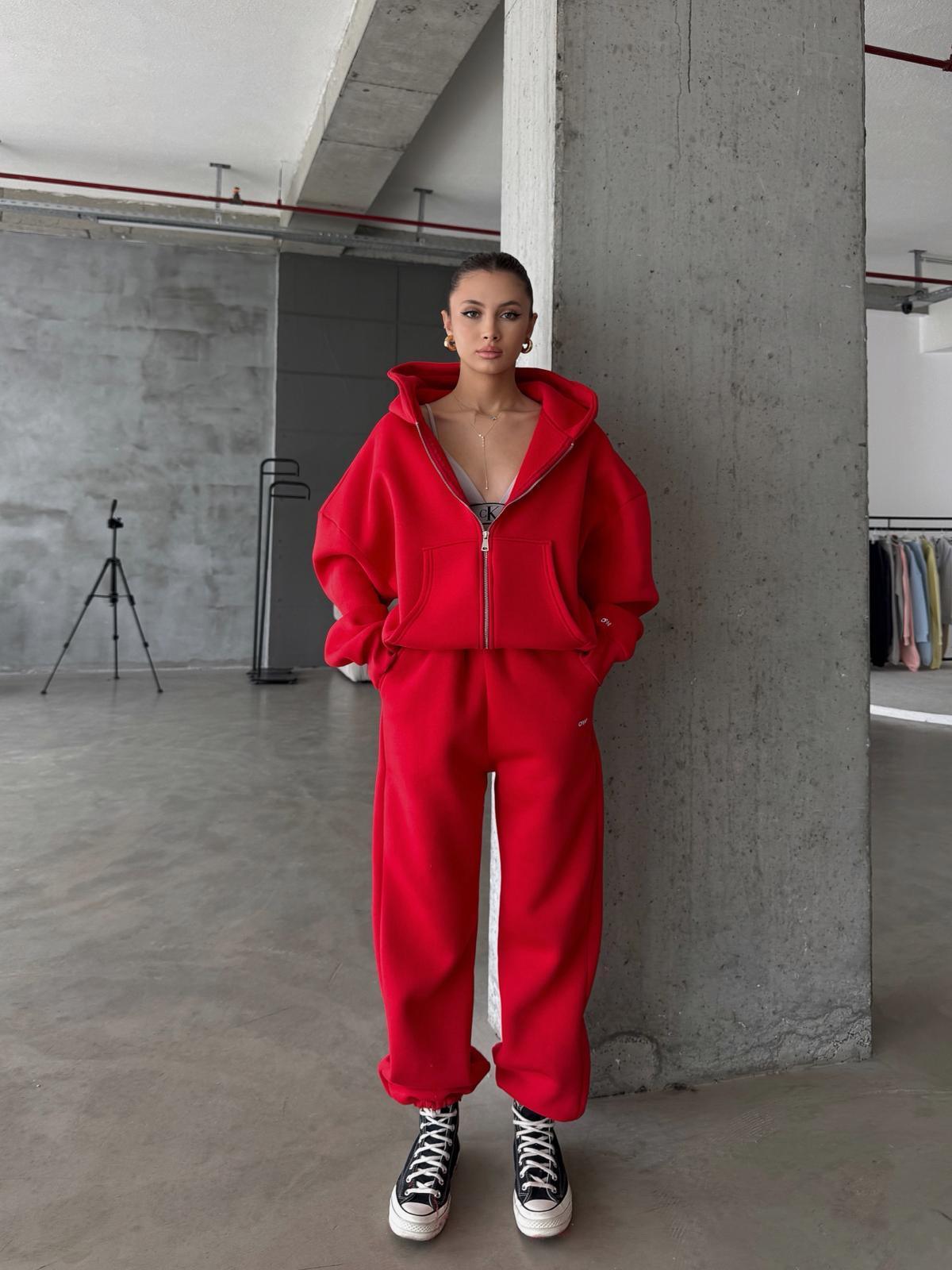 OW Fermuarlı Oversize Kırmızı Hırka