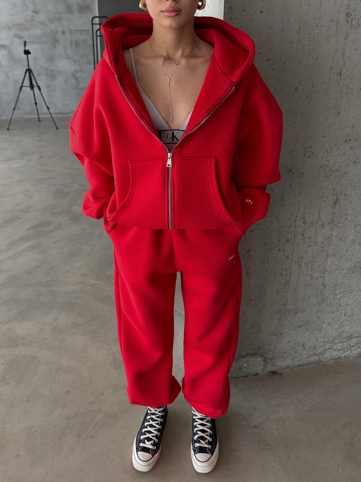 OW Fermuarlı Oversize Kırmızı Hırka