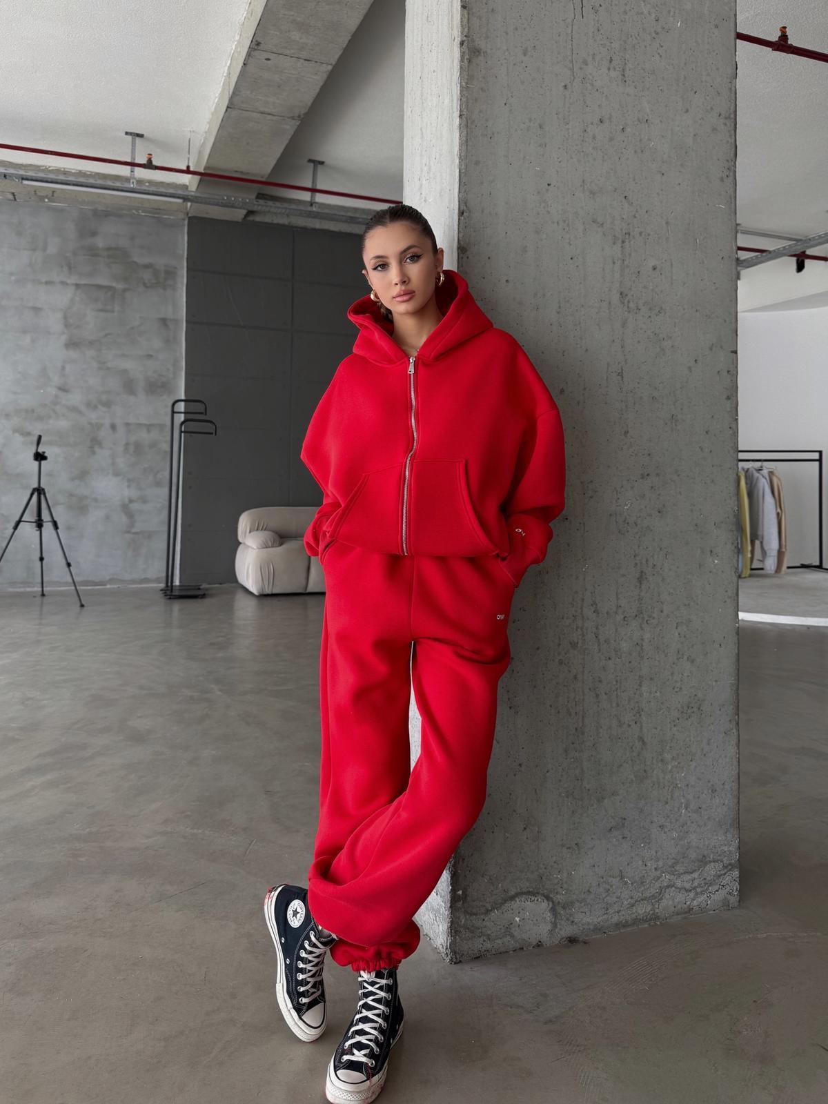 OW Fermuarlı Oversize Kırmızı Hırka