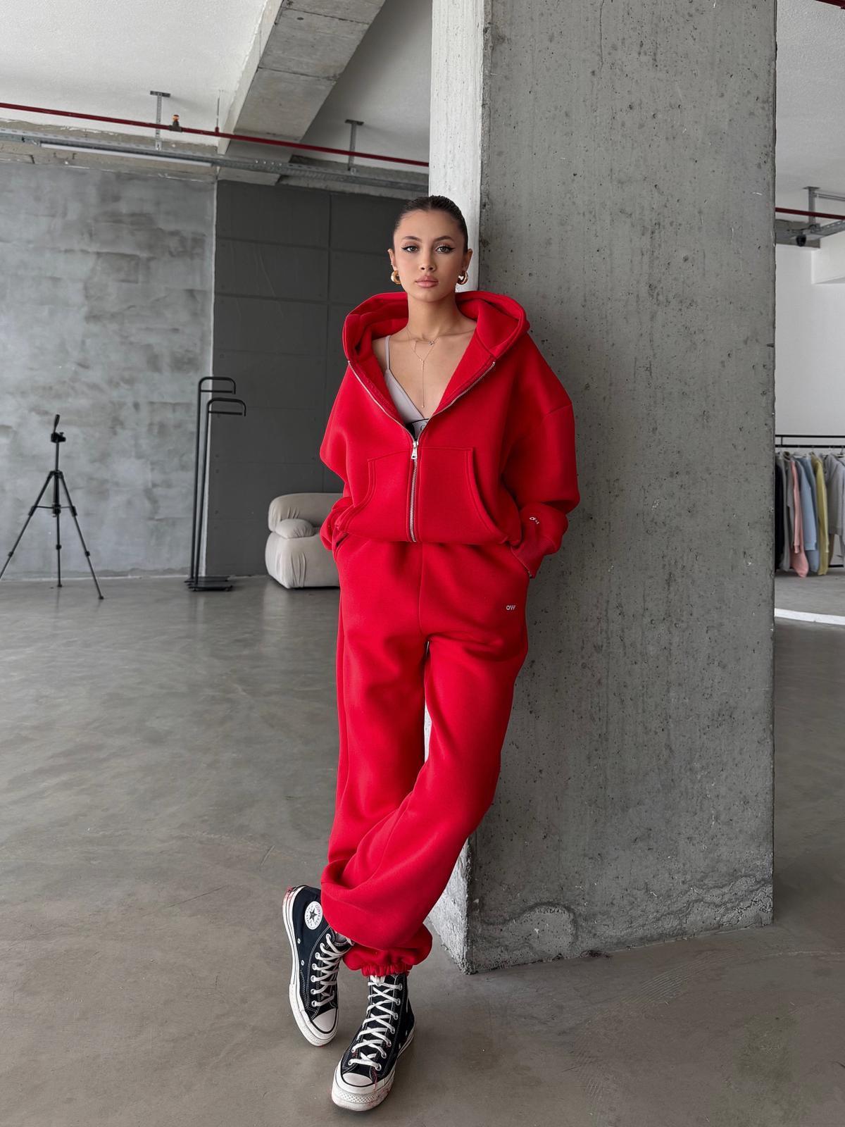 OW Fermuarlı Oversize Kırmızı Hırka