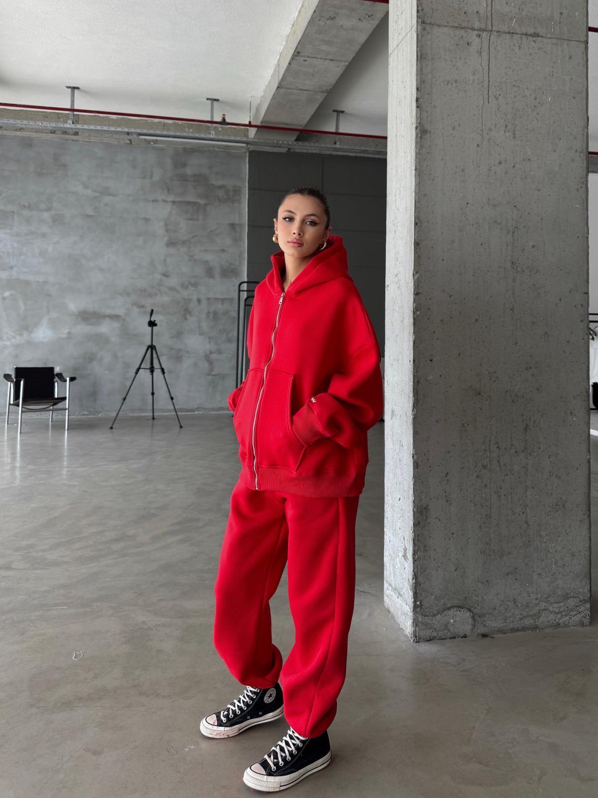 OW Fermuarlı Oversize Kırmızı Hırka