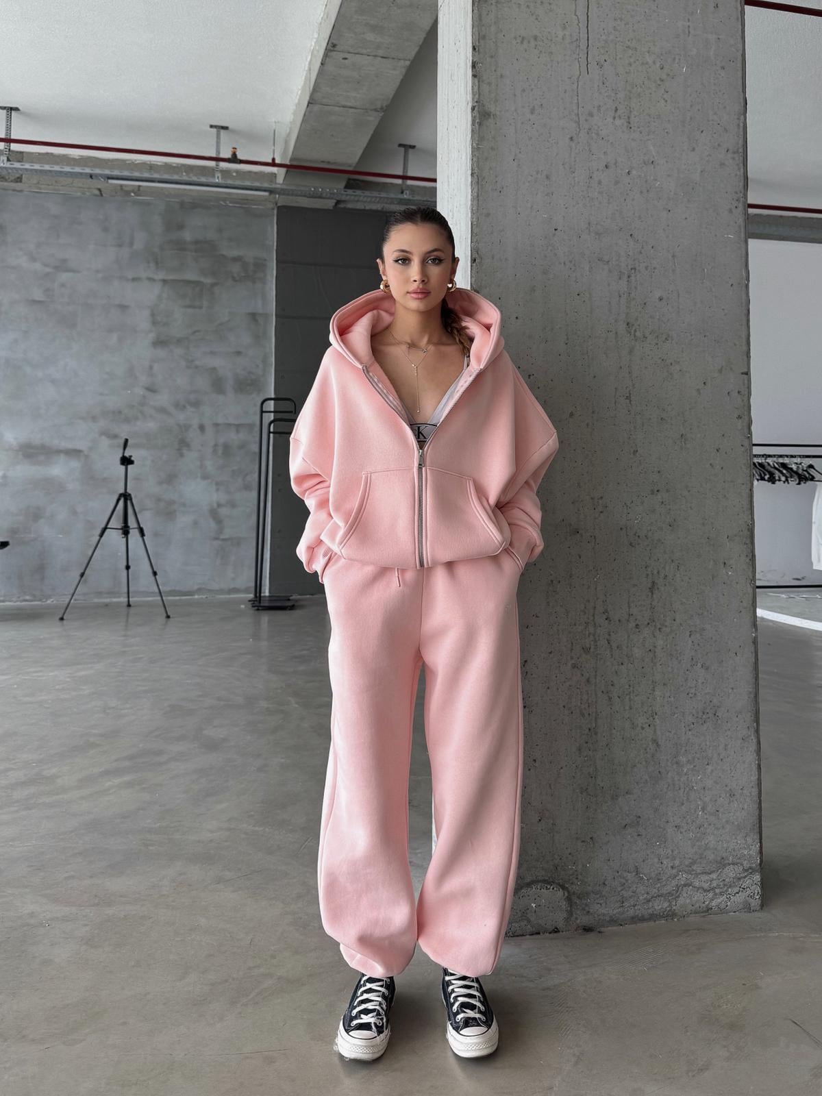 OW Fermuarlı Oversize Toz Pembe Eşofman Takımı