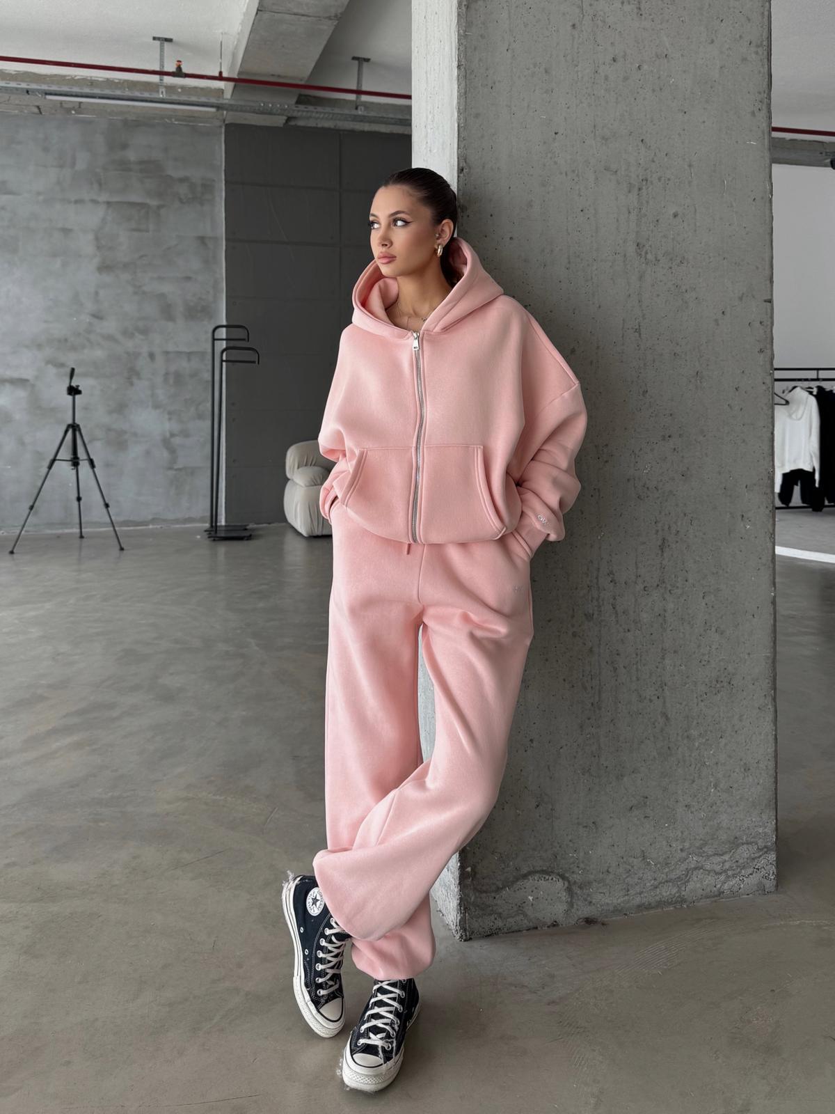 OW Fermuarlı Oversize Toz Pembe Eşofman Takımı