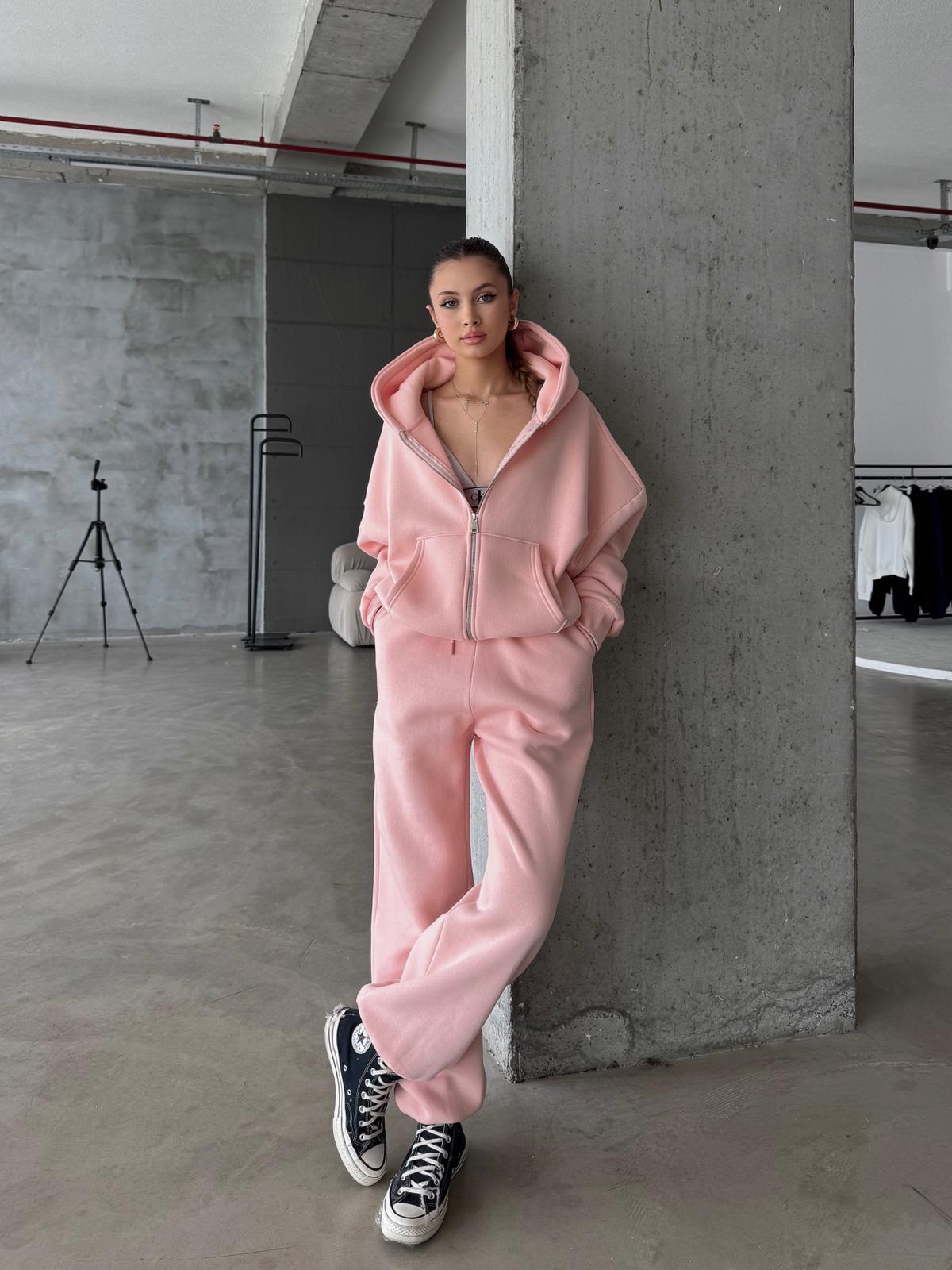 OW Fermuarlı Oversize Toz Pembe Hırka