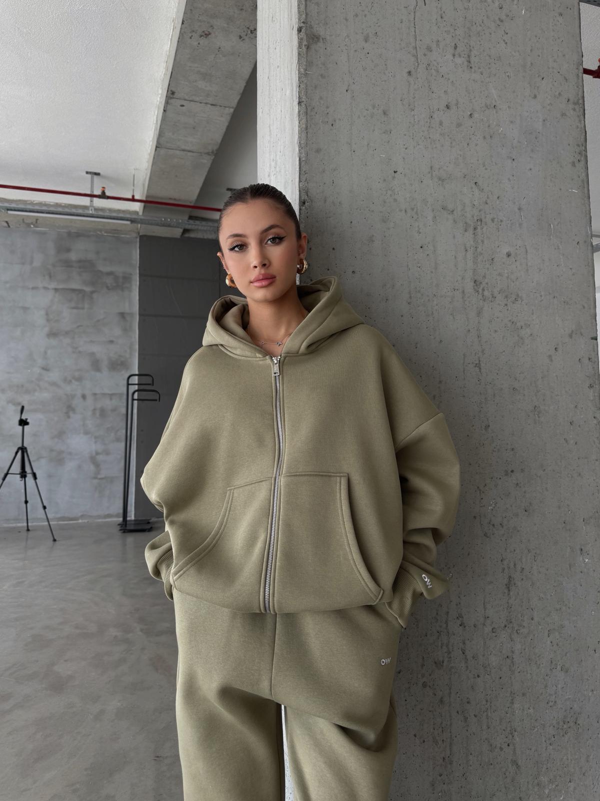 OW Fermuarlı Oversize Yağ Yeşili Eşofman Takımı