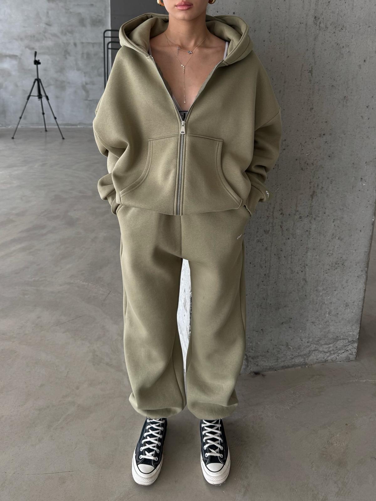 OW Fermuarlı Oversize Yağ Yeşili Eşofman Takımı