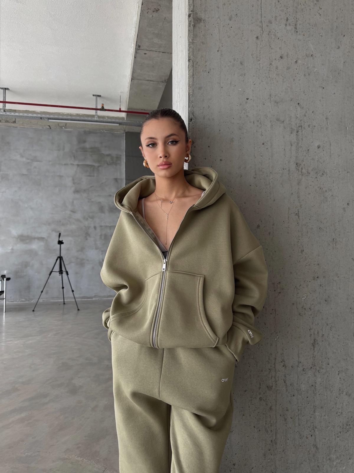 OW Fermuarlı Oversize Yağ Yeşili Eşofman Takımı