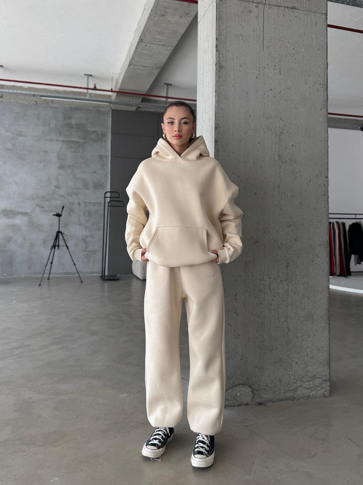 OW Kapüşonlu Oversize Bej Hoodie