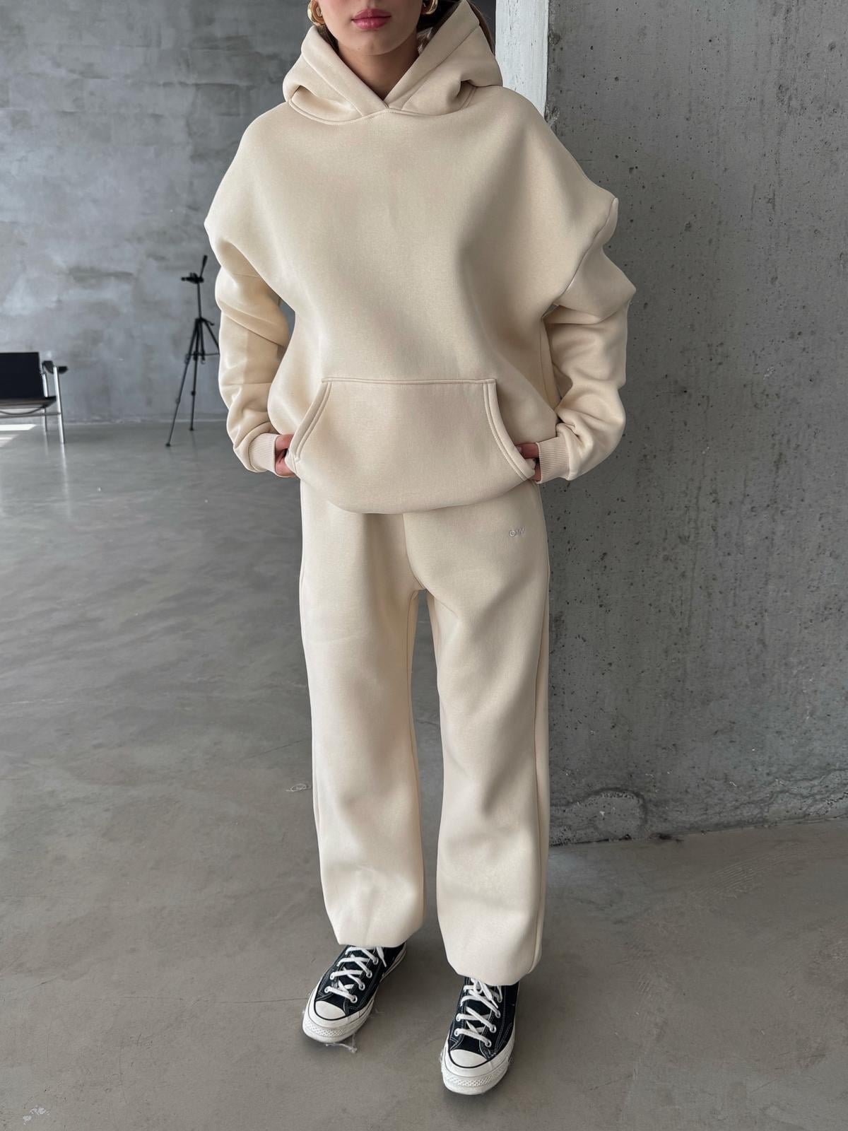 OW Kapüşonlu Oversize Bej Hoodie